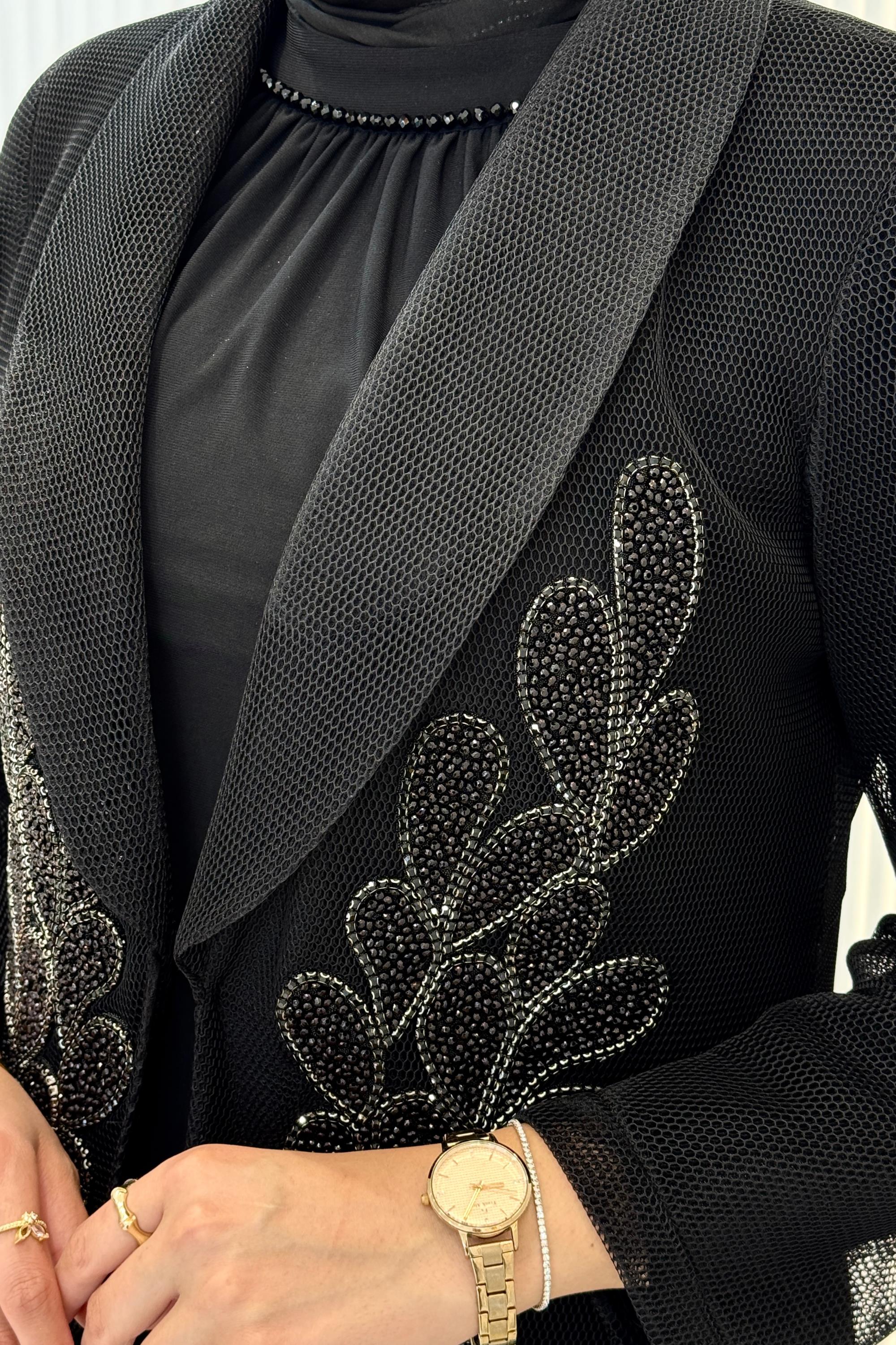 Büyük Beden Taş İşlemeli Abaya Takım Siyah OTW46907
