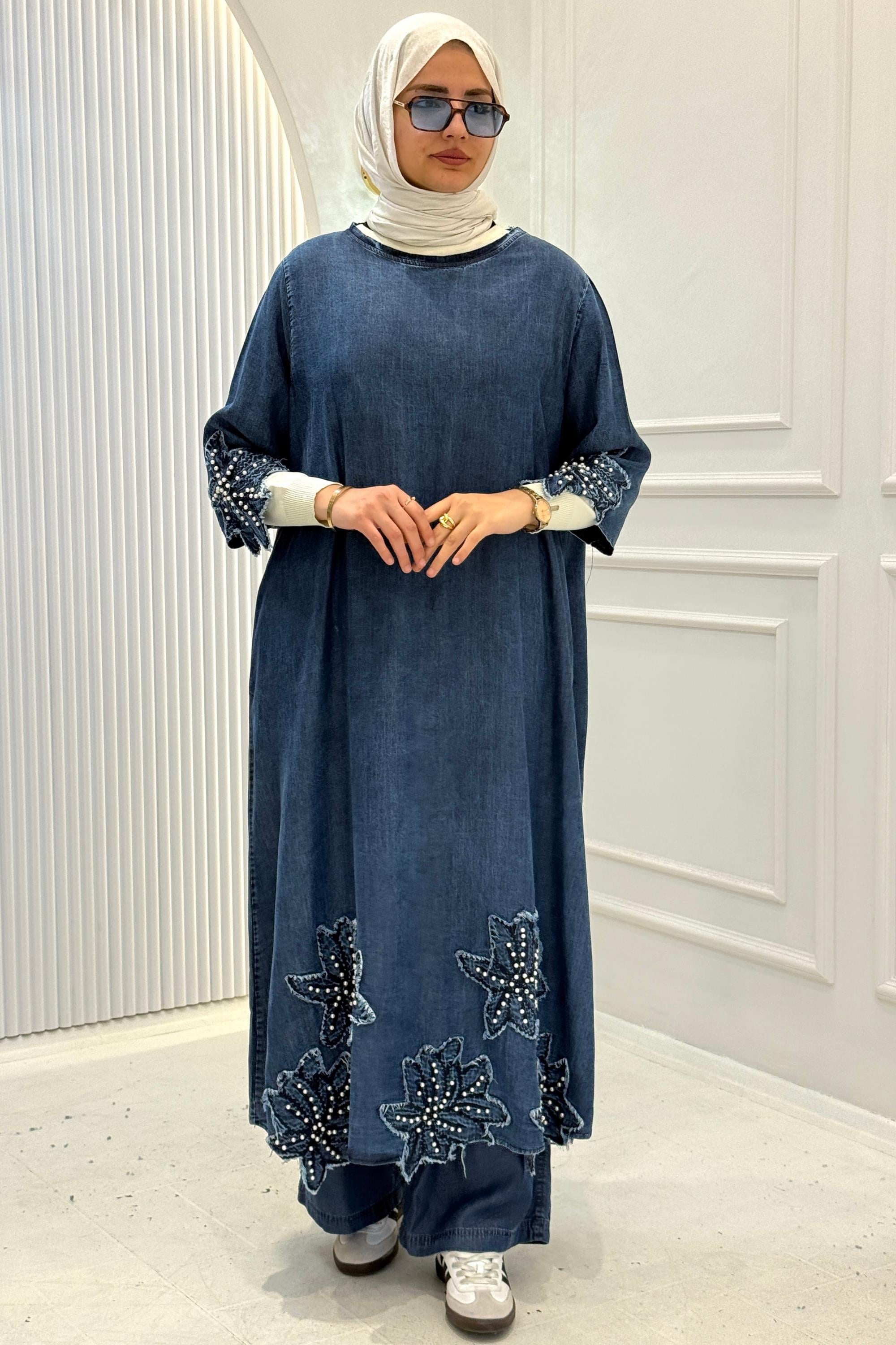 Büyük Beden Taş İşlemeli Çiçek Detaylı Denim Kot Tunik Mavi OTW4109