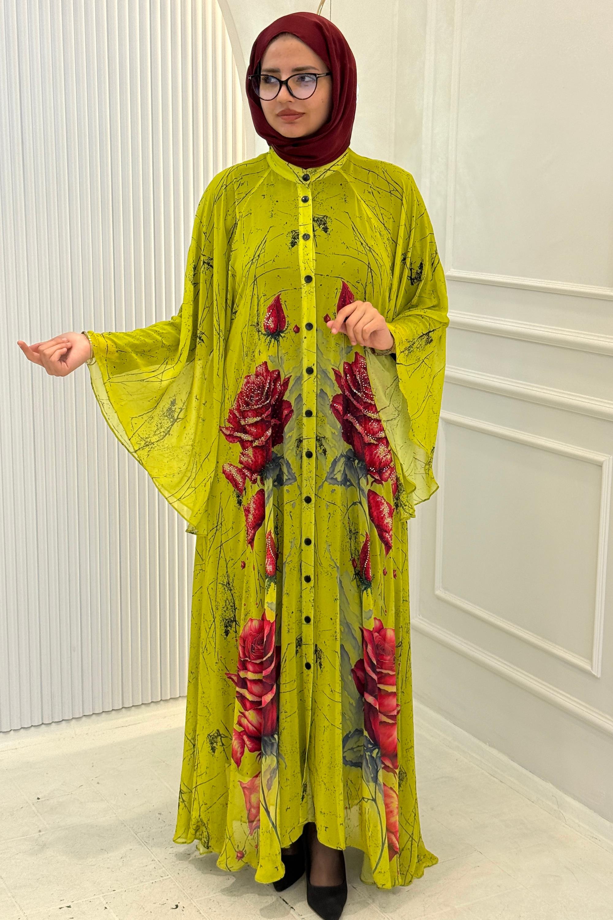 Büyük Beden Taş İşlemeli Gül Desenli Abaya Elbise Olive OTW2617