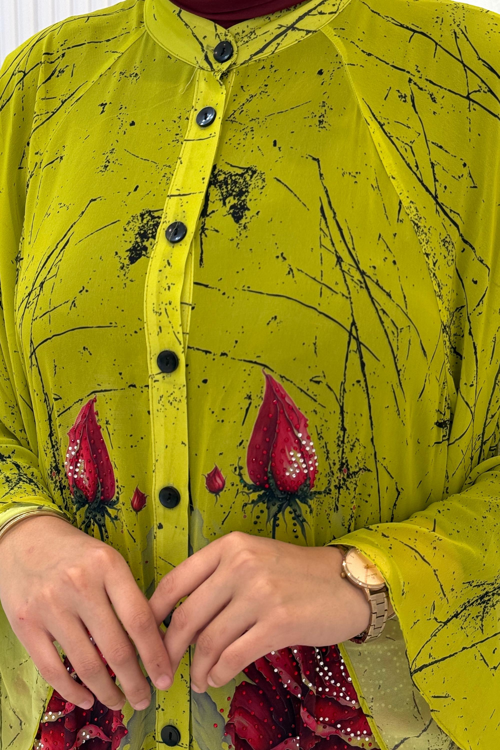 Büyük Beden Taş İşlemeli Gül Desenli Abaya Elbise Olive OTW2617