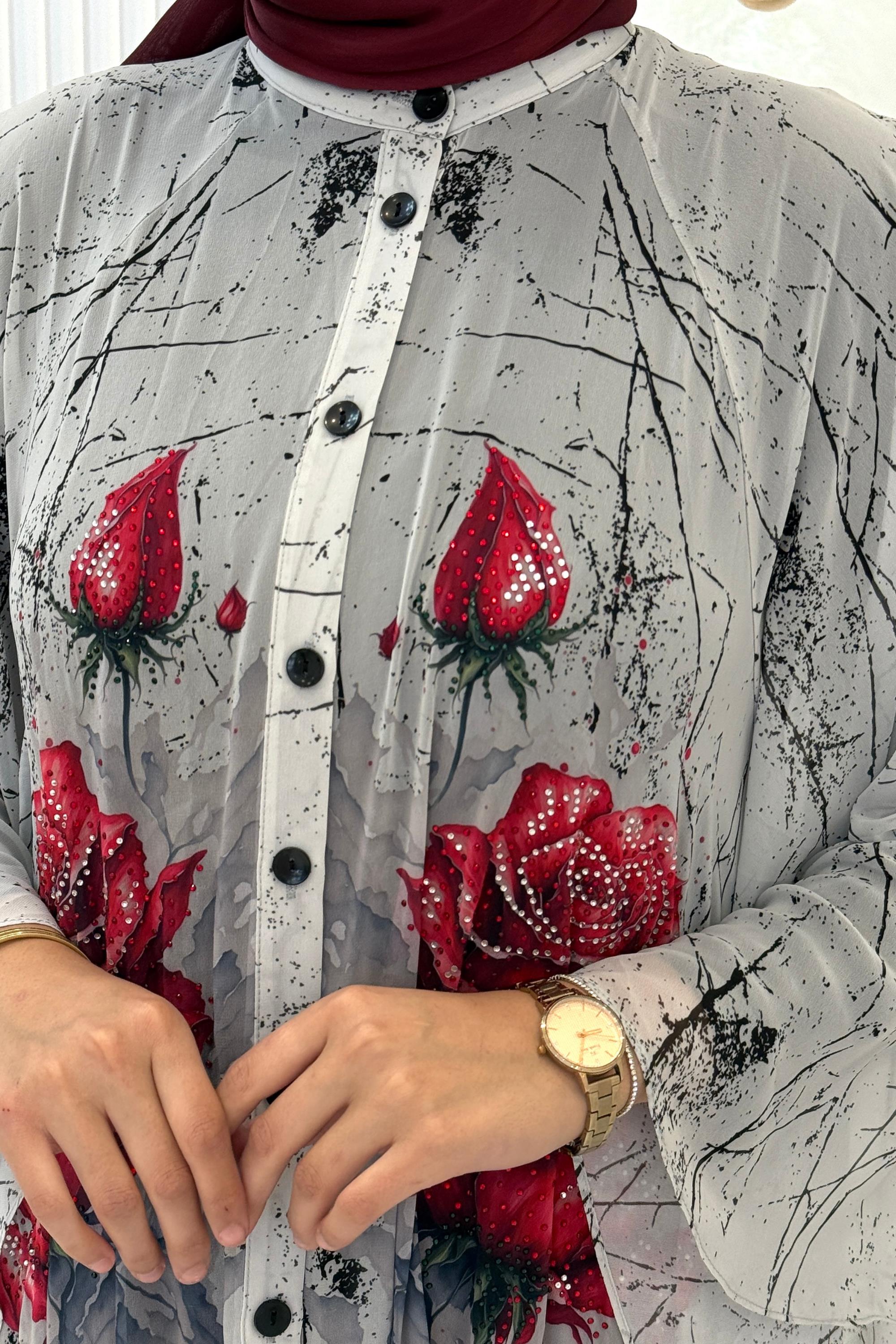 Büyük Beden Taş İşlemeli Gül Desenli Abaya Elbise Ekru OTW2617