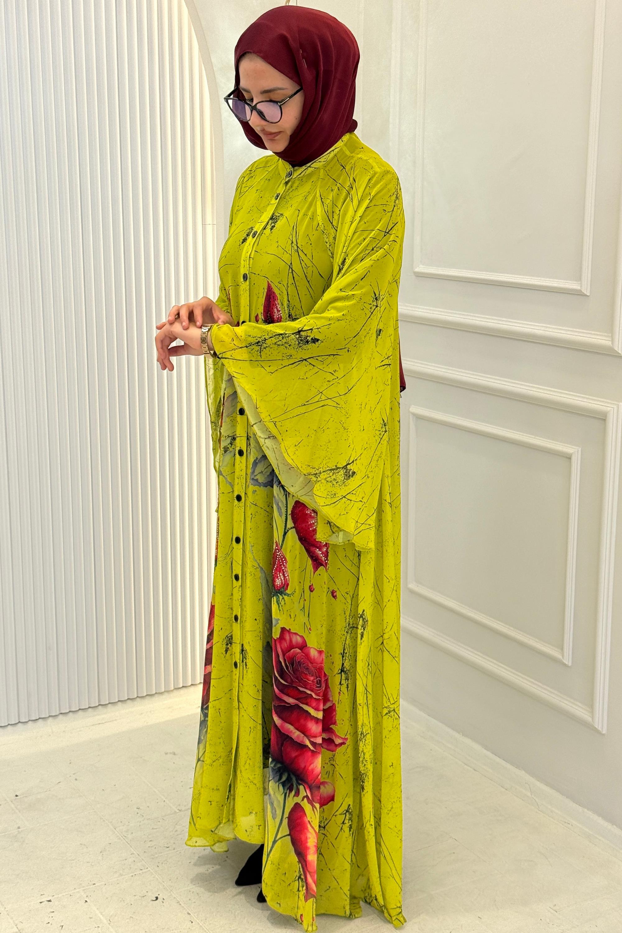 Büyük Beden Taş İşlemeli Gül Desenli Abaya Elbise Olive OTW2617