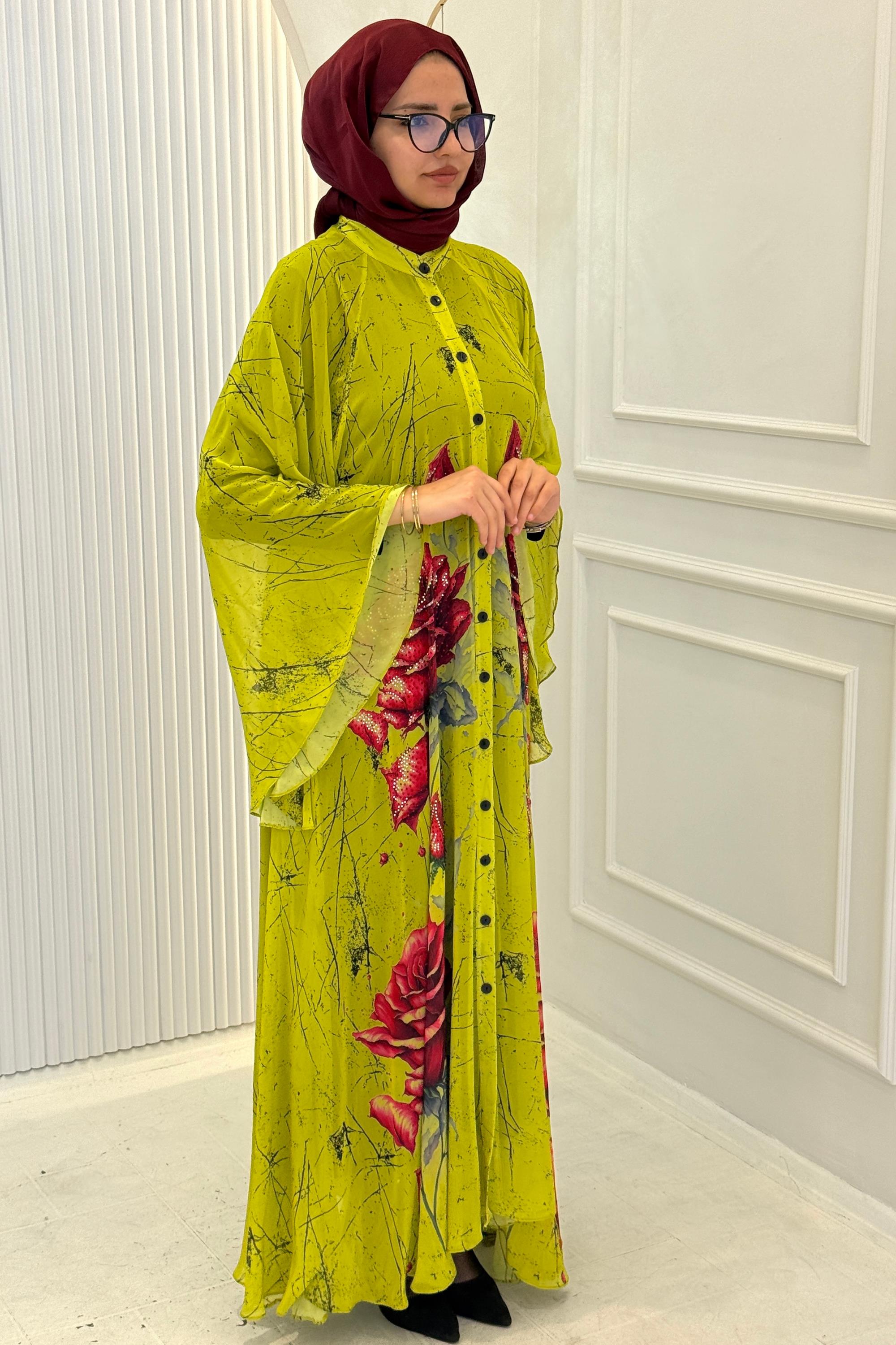 Büyük Beden Taş İşlemeli Gül Desenli Abaya Elbise Olive OTW2617