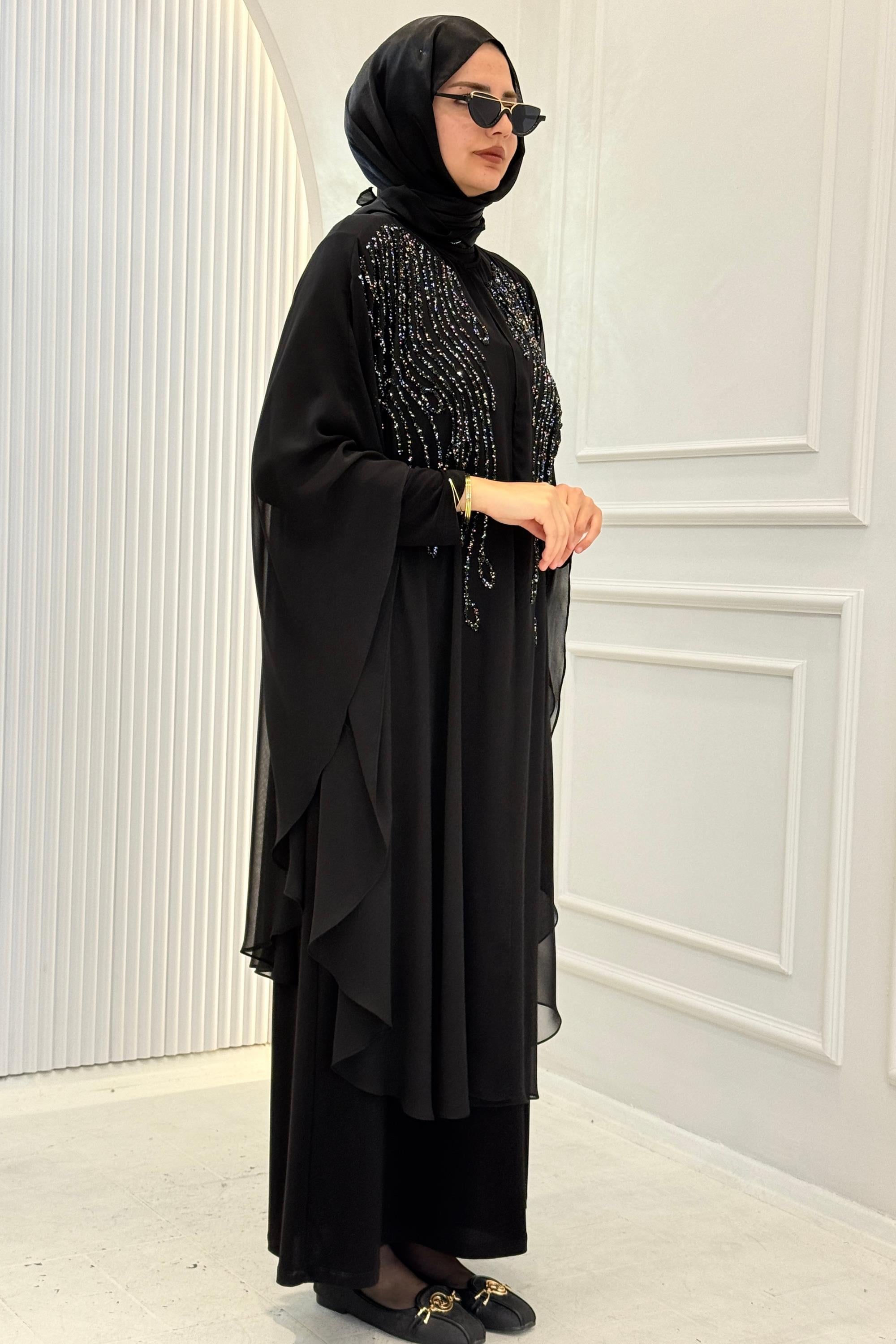 Büyük Beden Taş İşlemeli Pelerinli Abiye Elbise Siyah OTW606