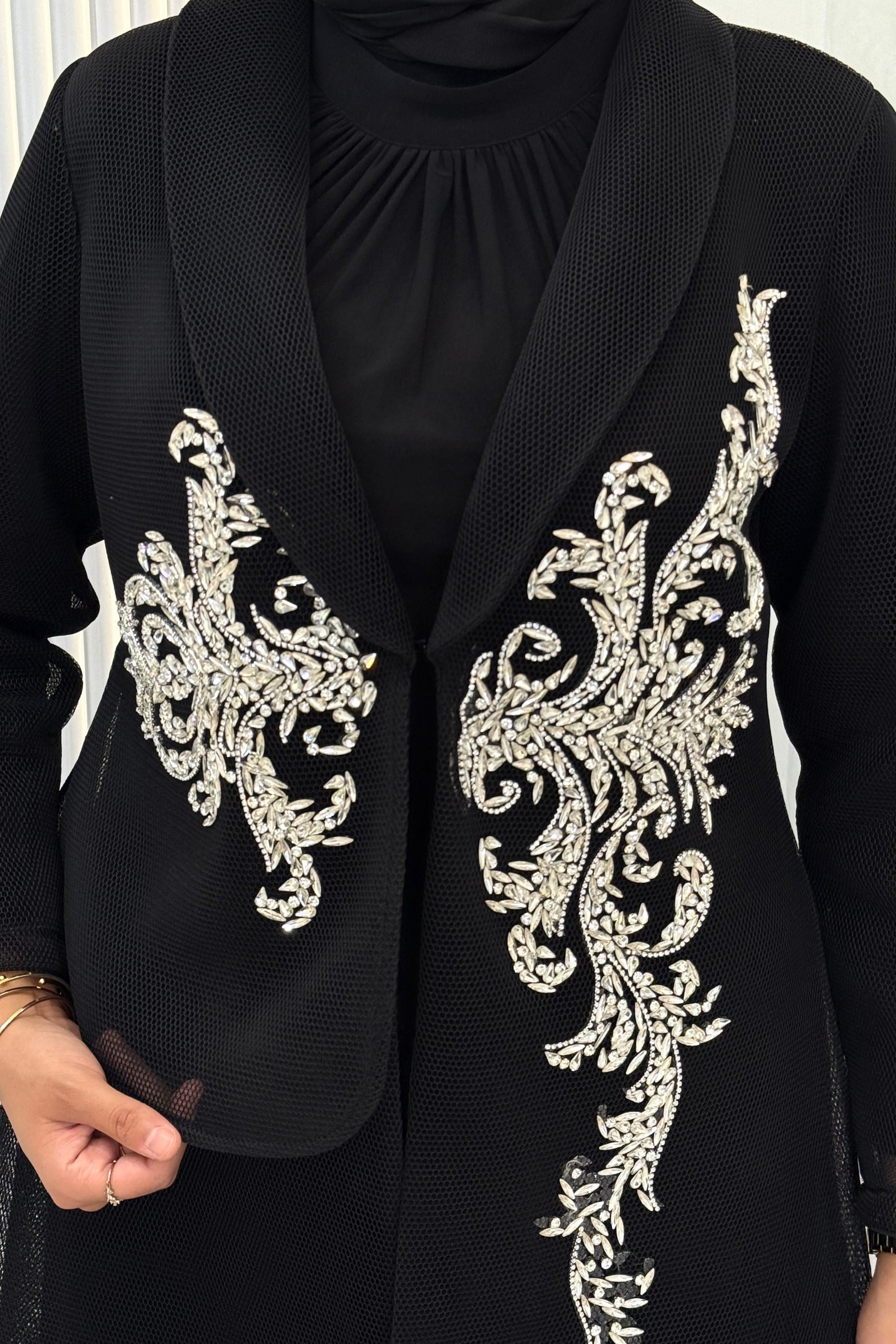 Büyük Beden Taş İşlemeli Tesettür Abaya Takım Siyah OTW46932