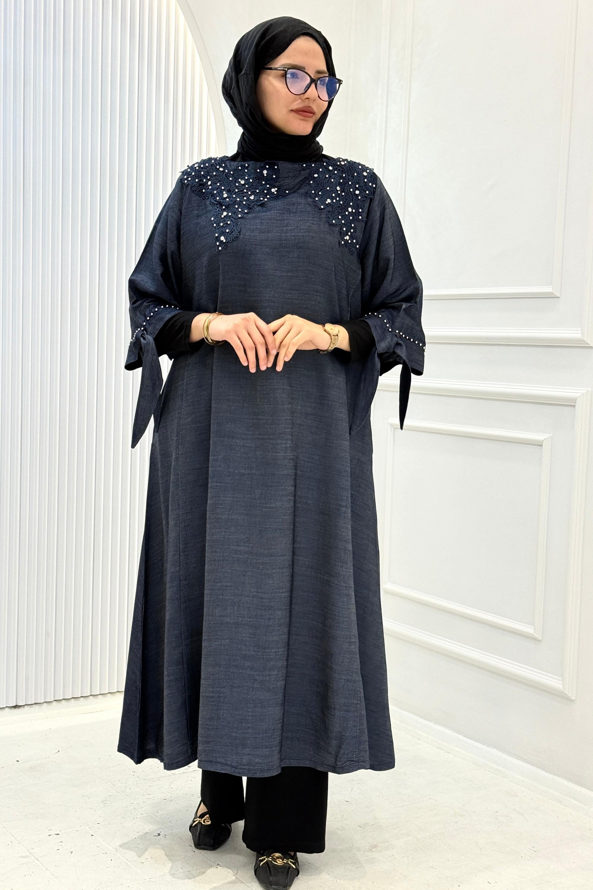 Büyük Beden Taş İşlemeli Tunik Elbise Lacivert OTW1278