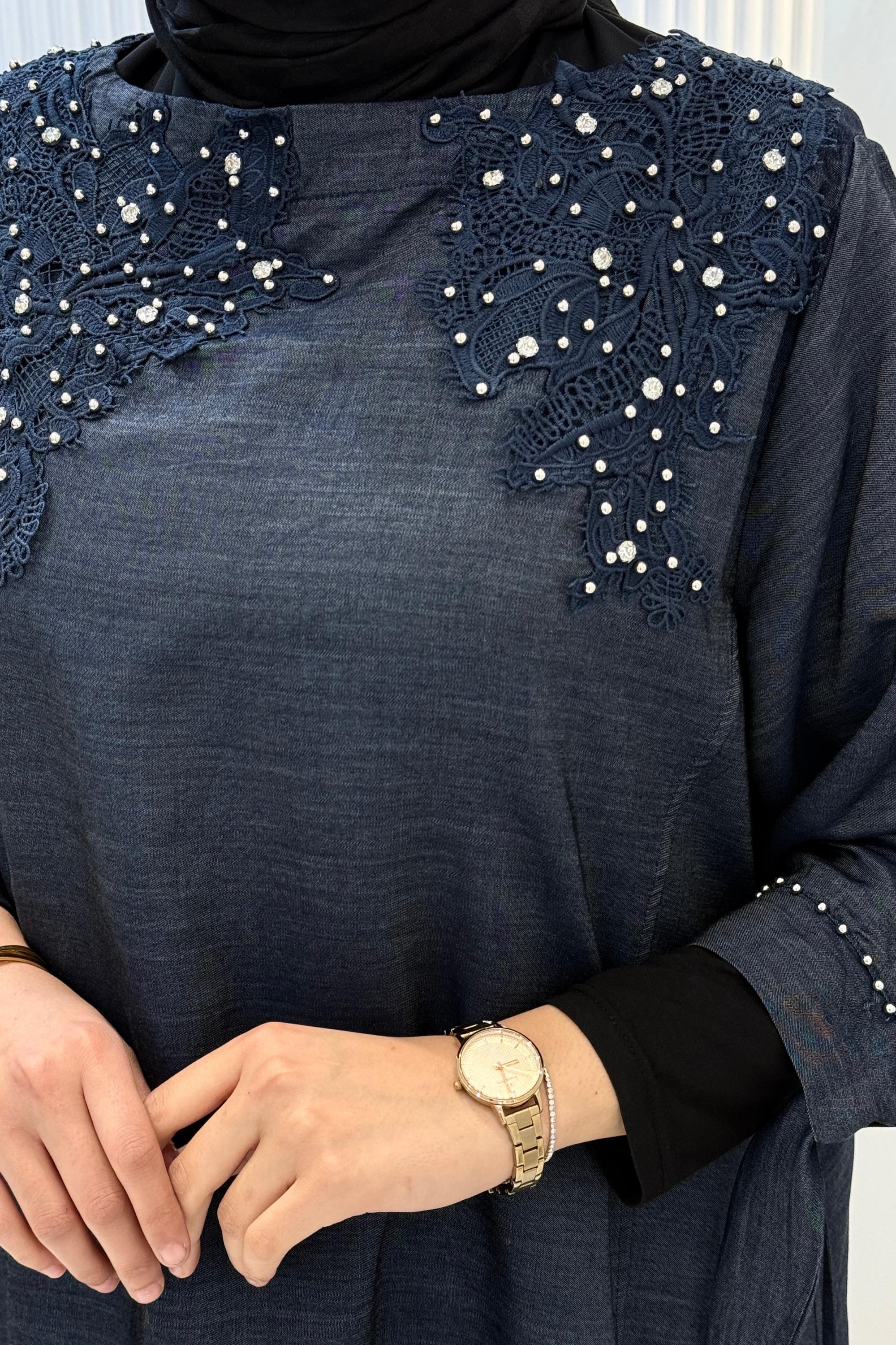 Büyük Beden Taş İşlemeli Tunik Elbise Lacivert OTW1278