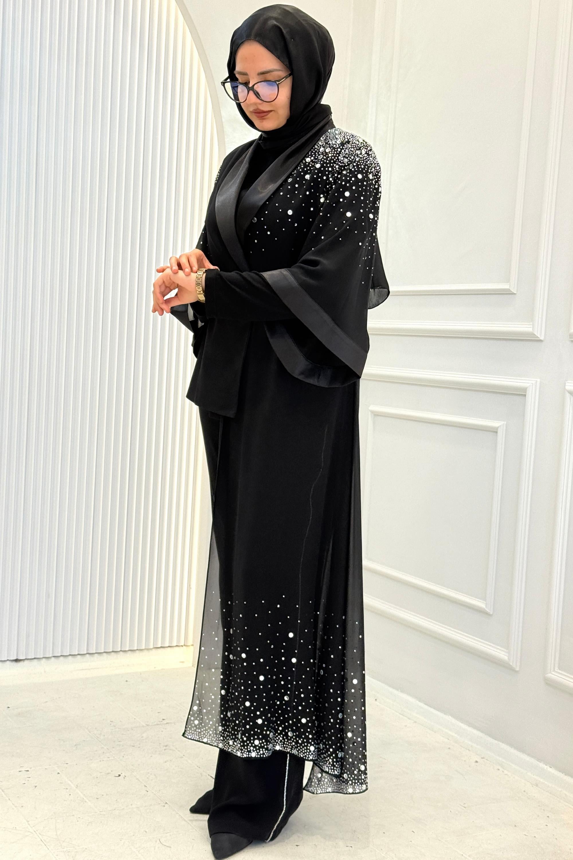 Büyük Beden Taşlı Abiye Takım Siyah OTW46904