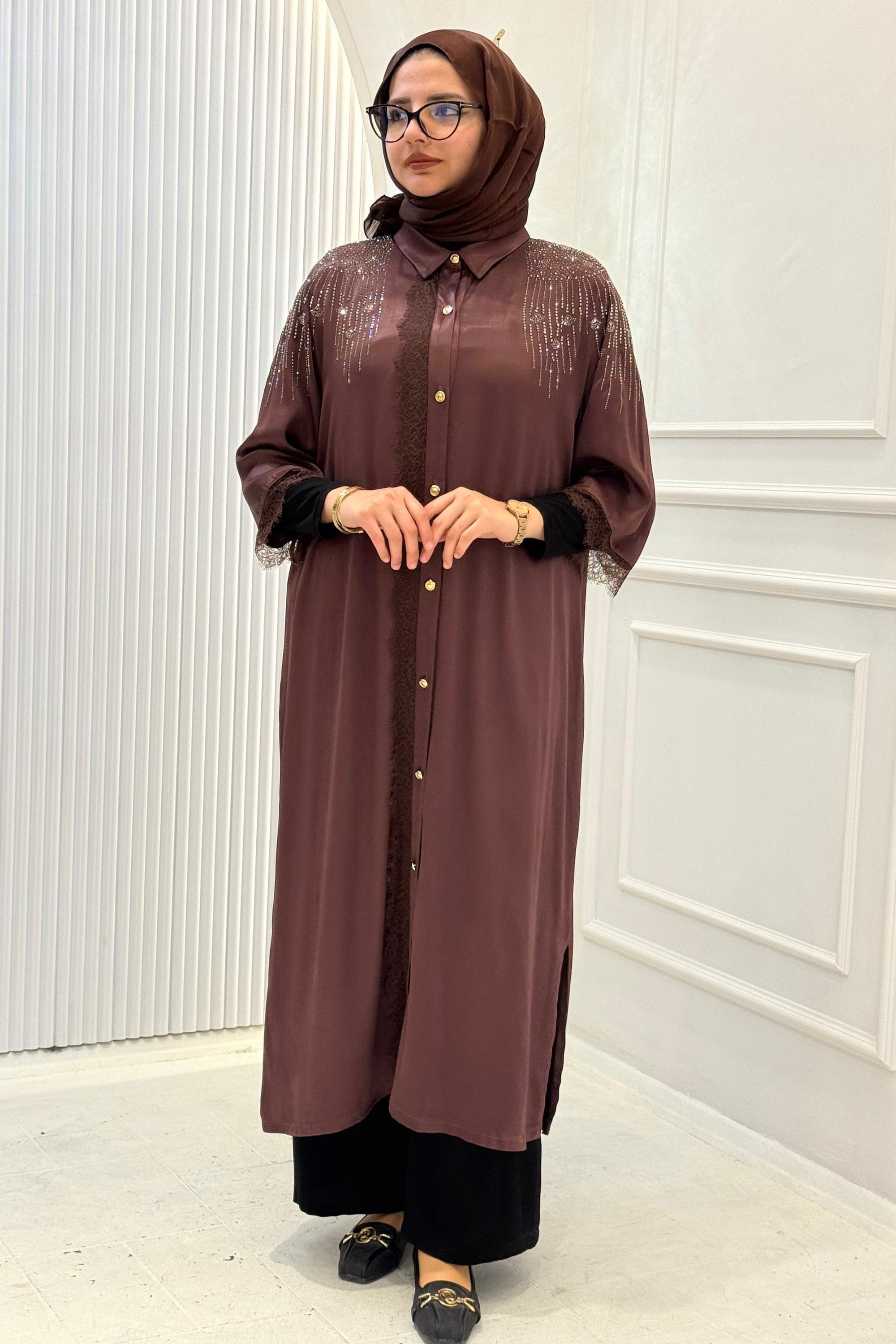 Büyük Beden Taşlı Gömlek Tunik Latte OTW4802-8