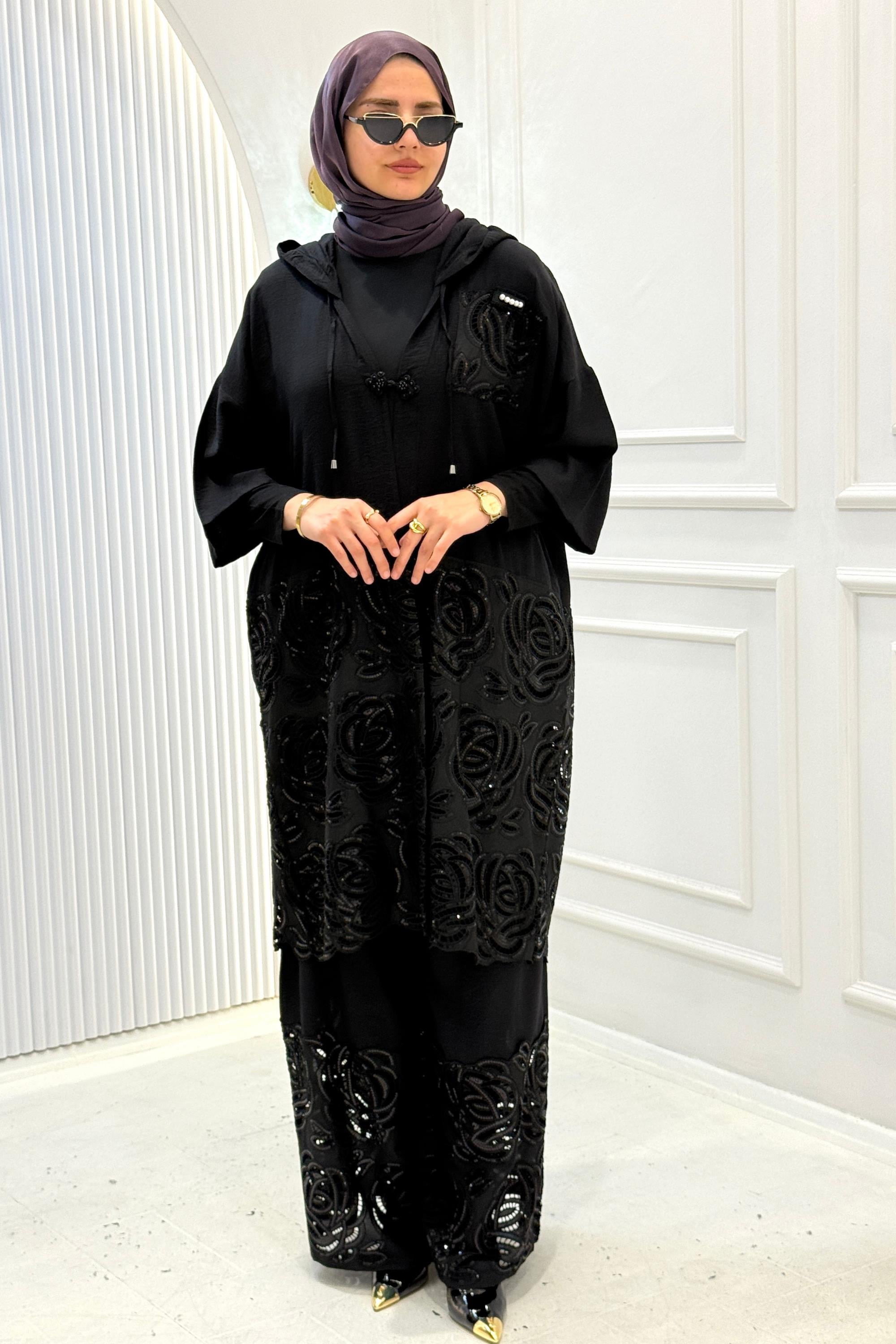 Büyük Beden Taşlı İşlemeli Ceketli Pnatolonlu Takım Siyah OTW1231