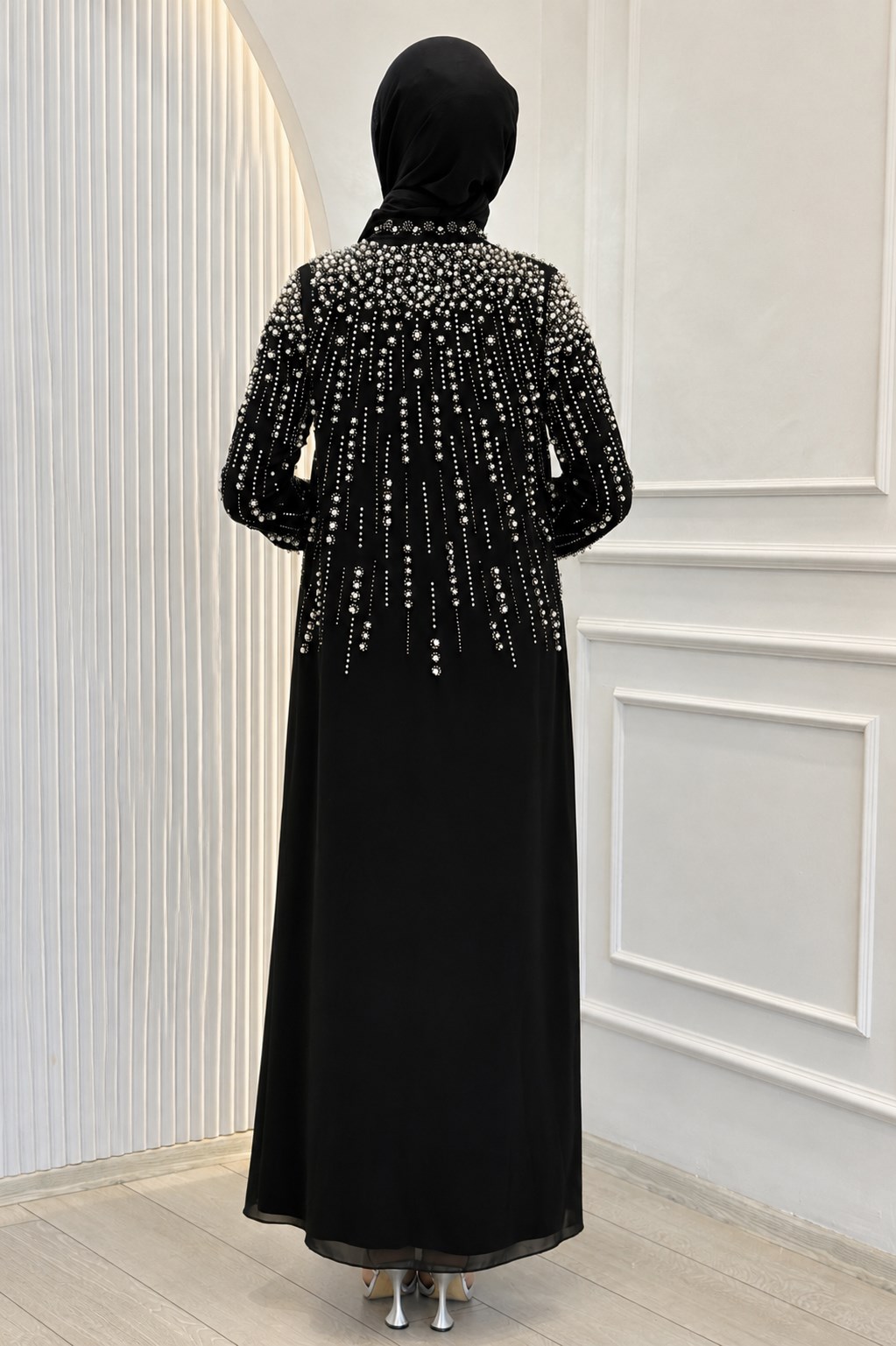 Büyük Beden Taşlı Şifon Tesettür Abaya Takım Siyah OTW702