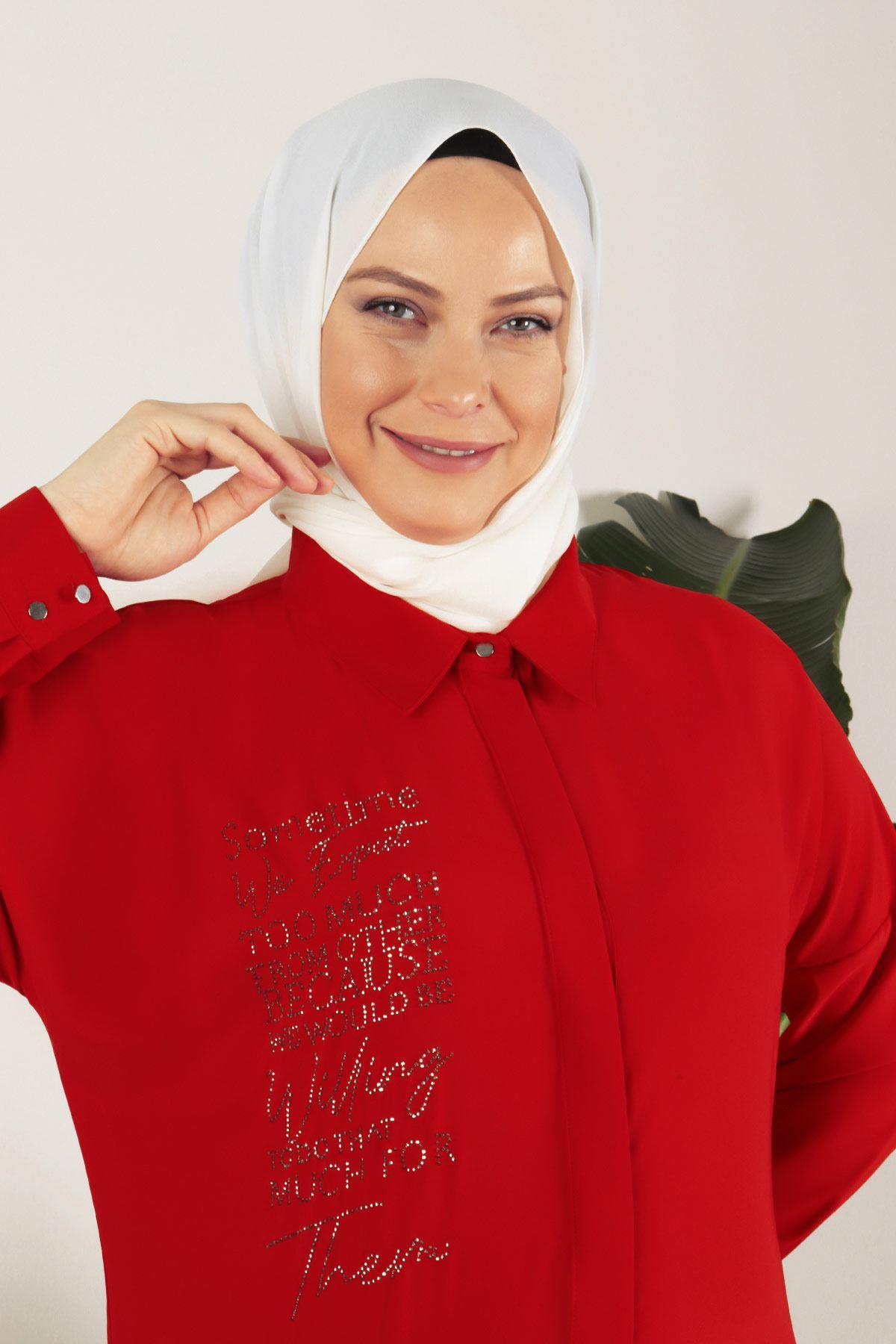Büyük Beden Taşlı Tunik Kırmızı OTW23017