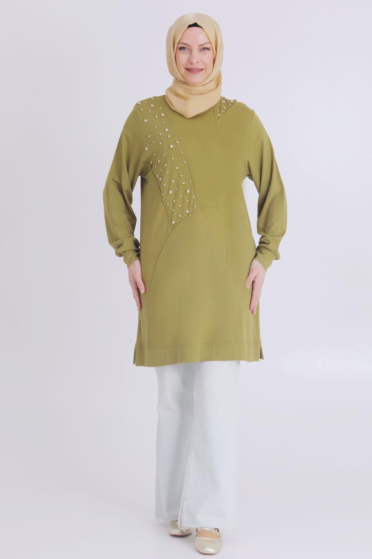 Büyük Beden Taşlı Tunik Olive OTW20114