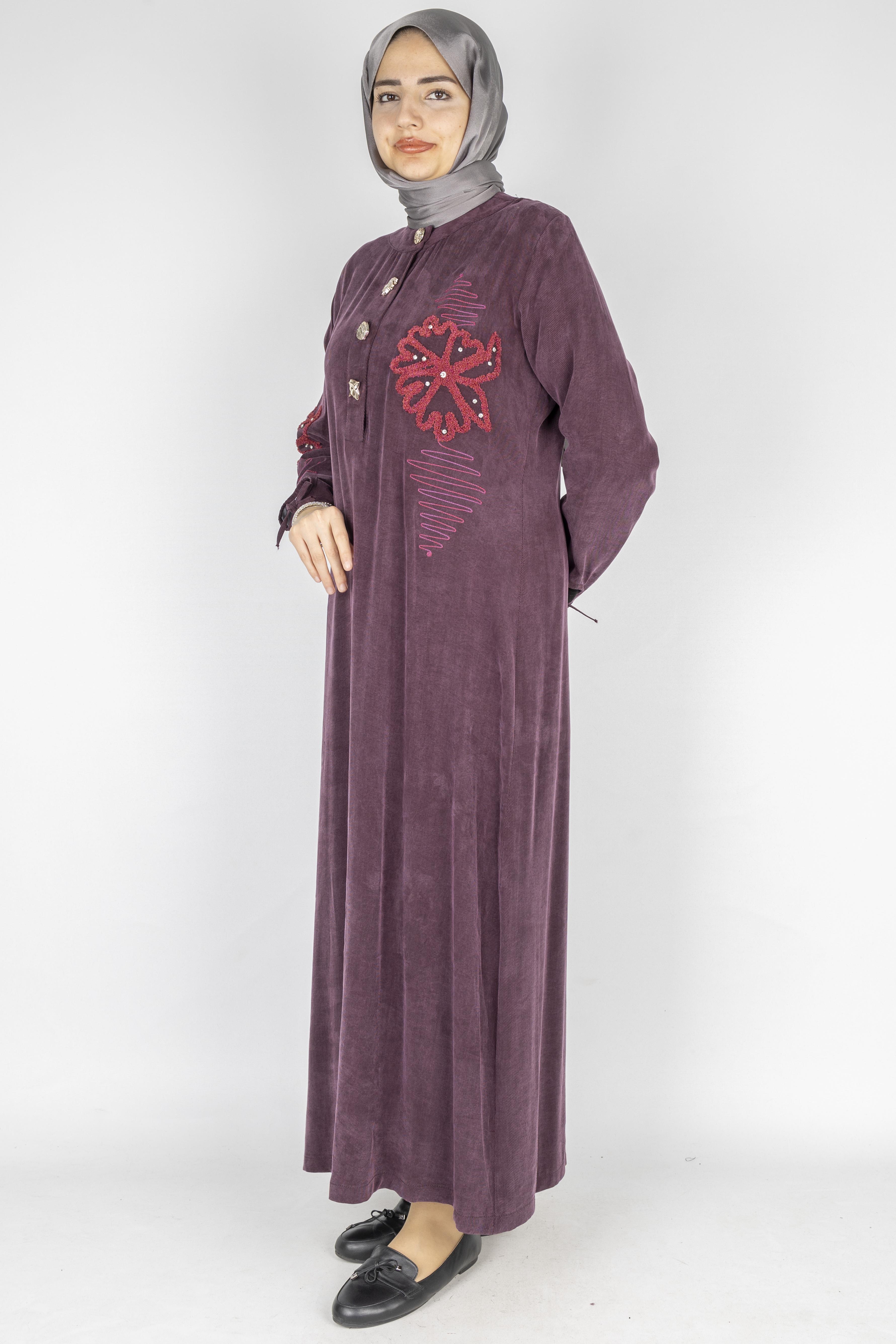 Büyük Beden Tensel Kadife Kumaş Nakışlı Elbise Mürdüm OTW2073