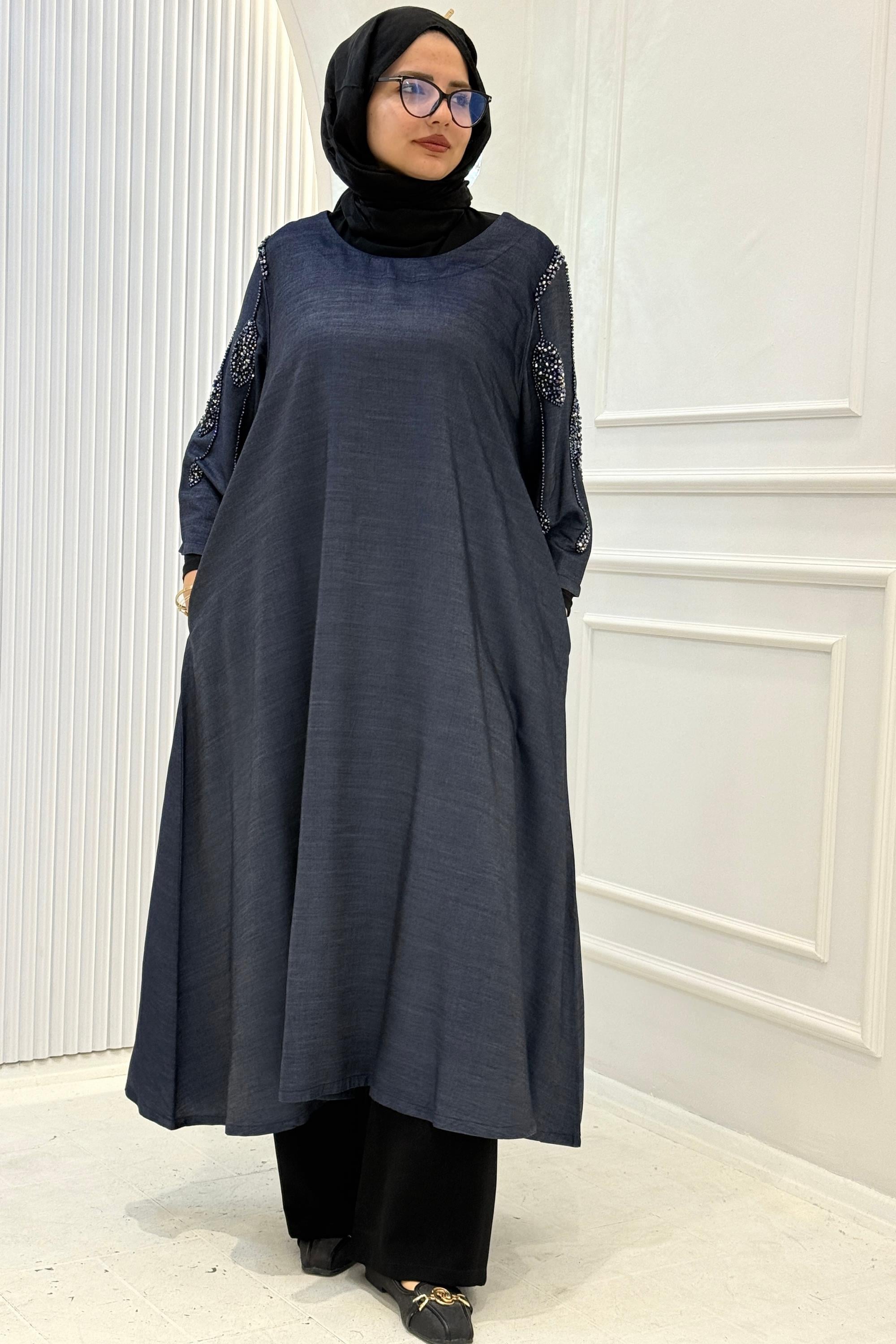 Büyük Beden Tensel Kot Kolları Taşlı Uzun Elbise Kot Mavi OTW1609