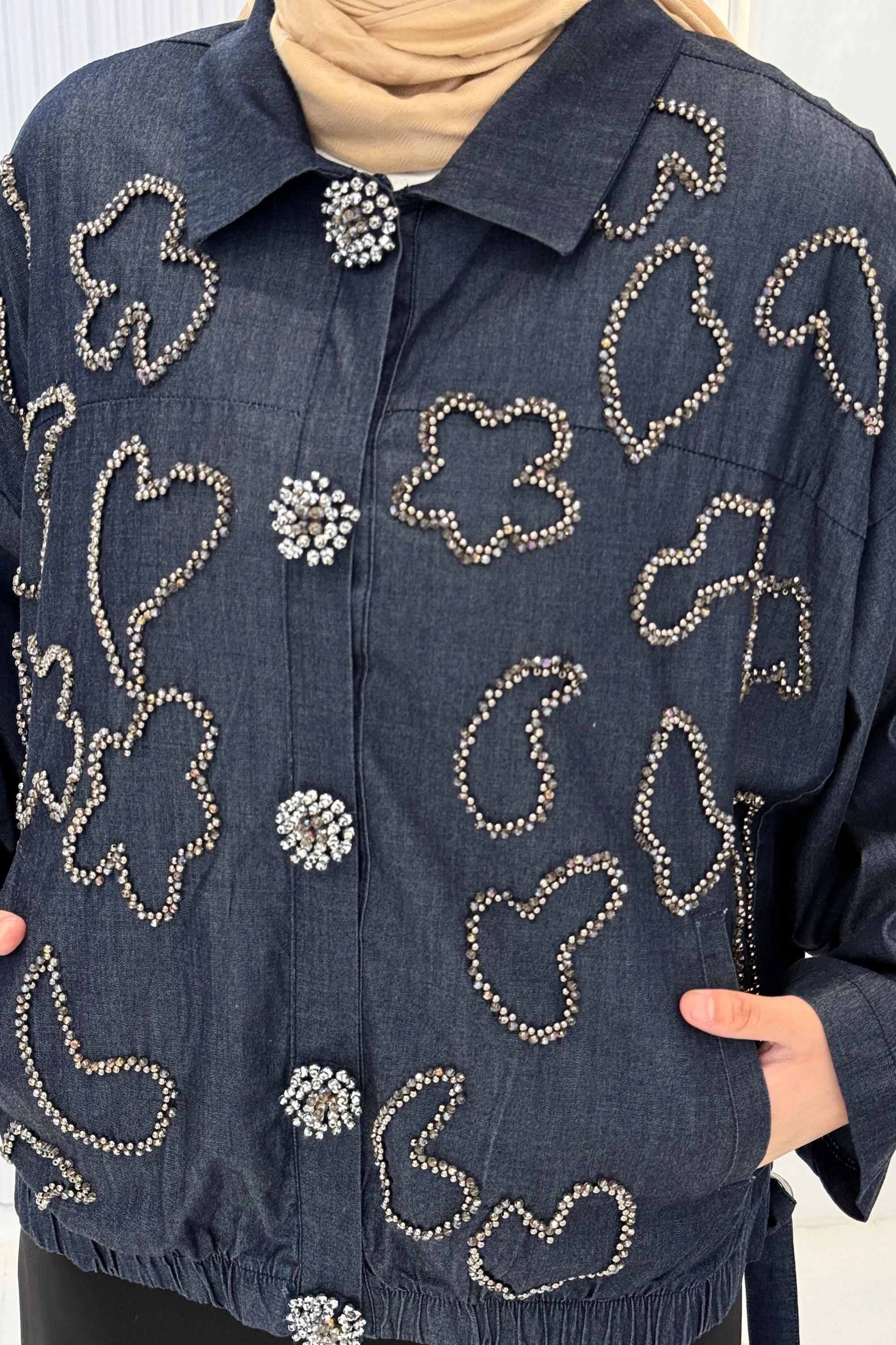 Büyük Beden Uyumlu Taş Detaylı Denim Ceket Mavi OTW9585