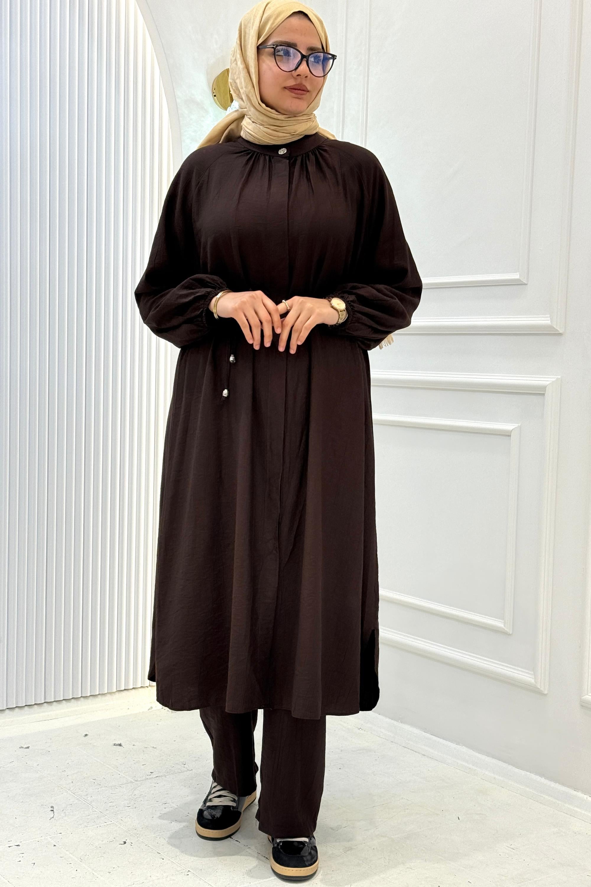 Büzgü Yaka Pantolonlu Takım Kahve OTW8609