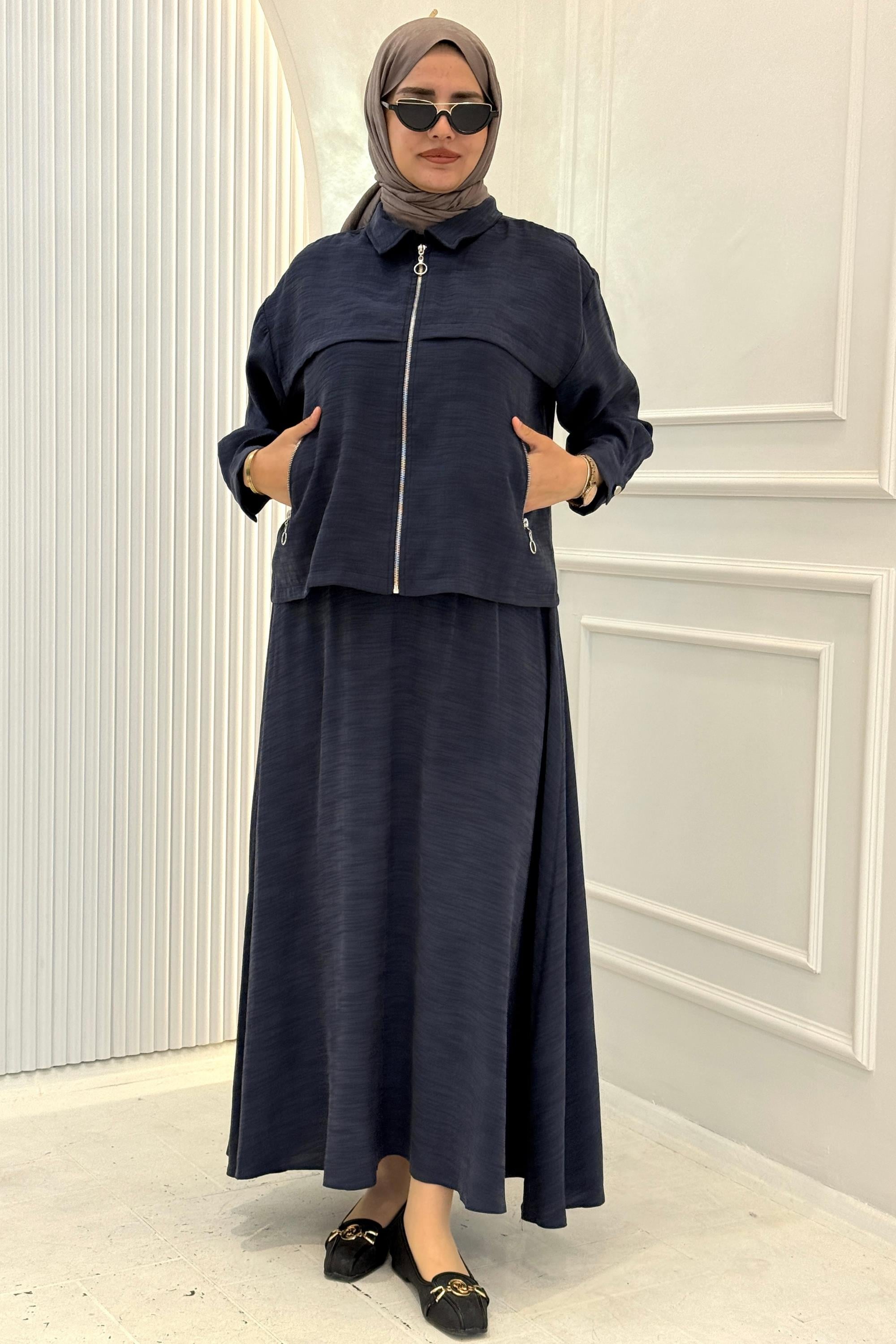 Cep Detaylı Fermuarlı Ceketli Etekli Takım Lacivert OTW73097