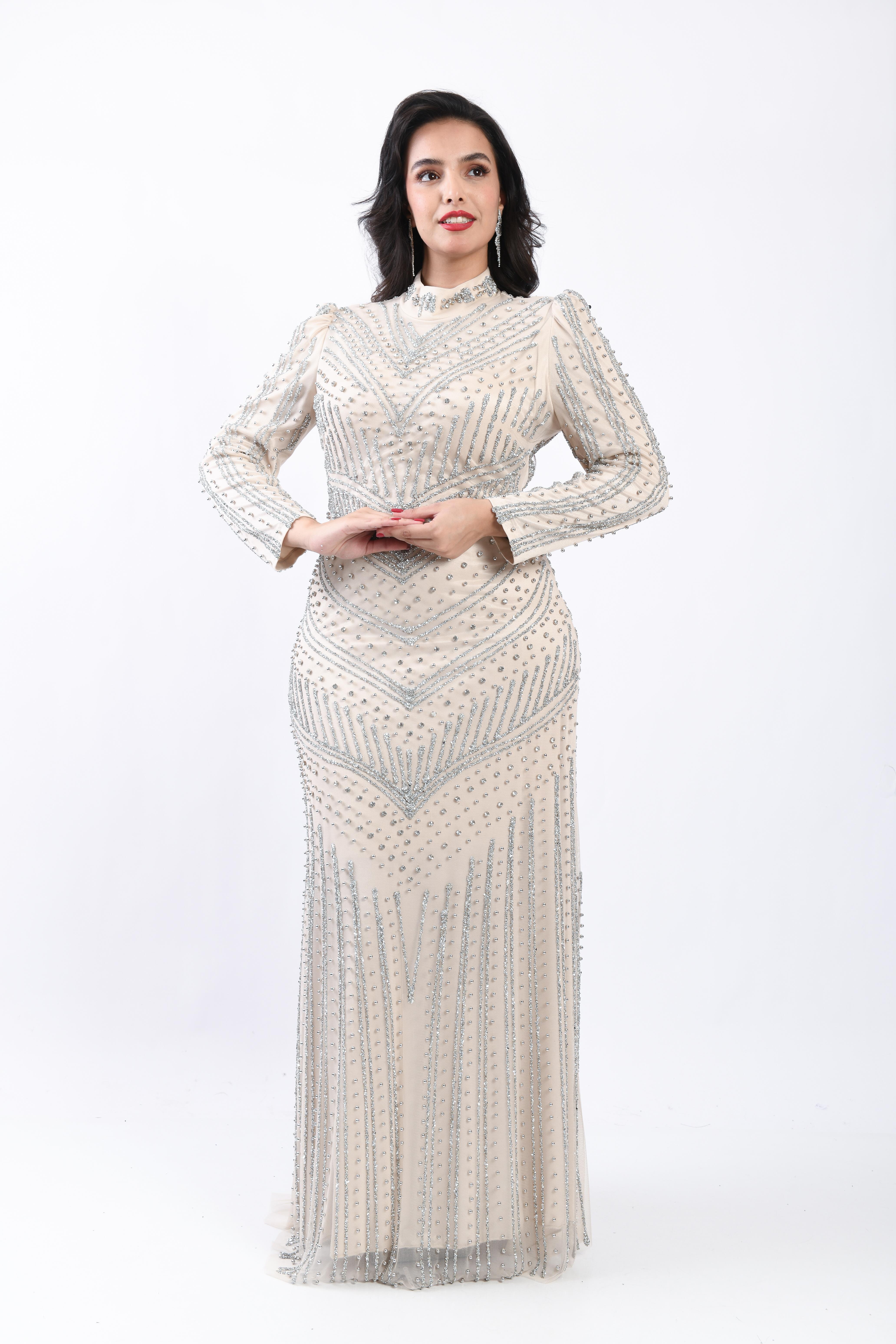 Chevron Desenli Taşlı Tesettür Abiye Gold OTW3143