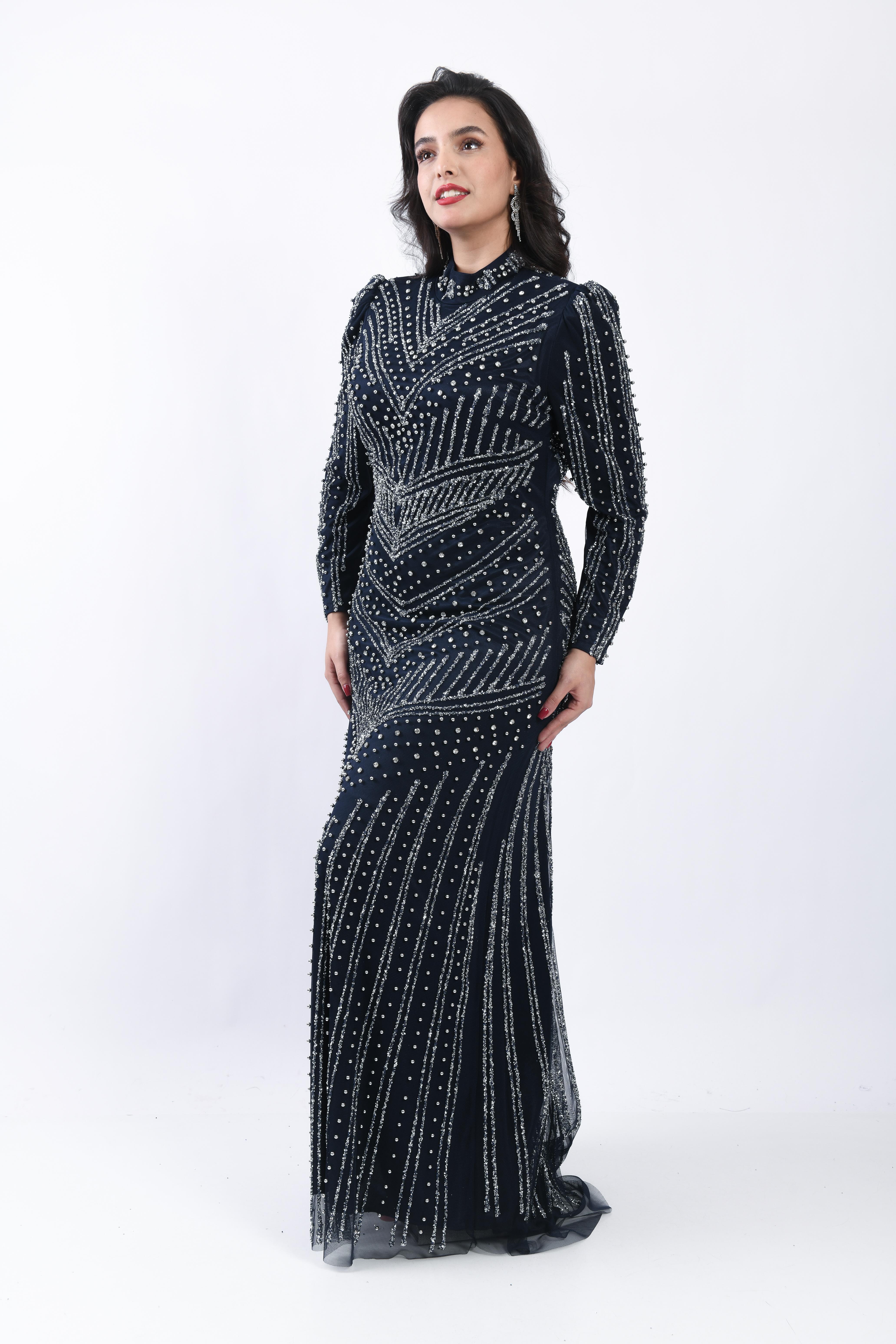 Chevron Desenli Taşlı Tesettür Abiye Lacivert OTW3143