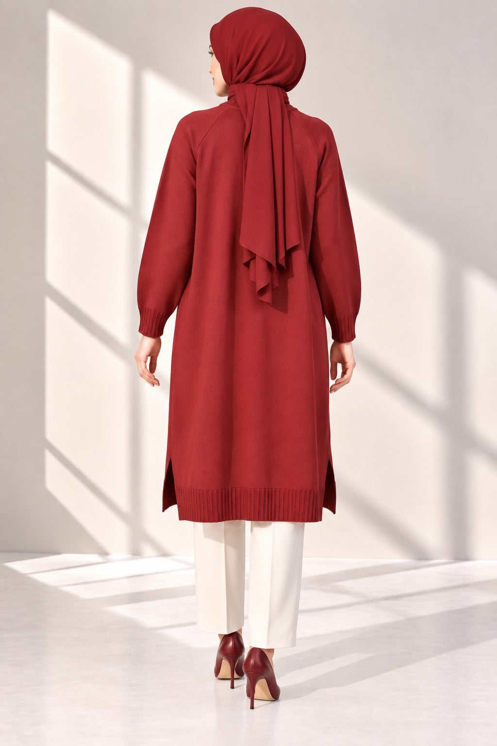 Çiçek Desenli Merserize Triko Uzun Tunik Bordo OTW36231