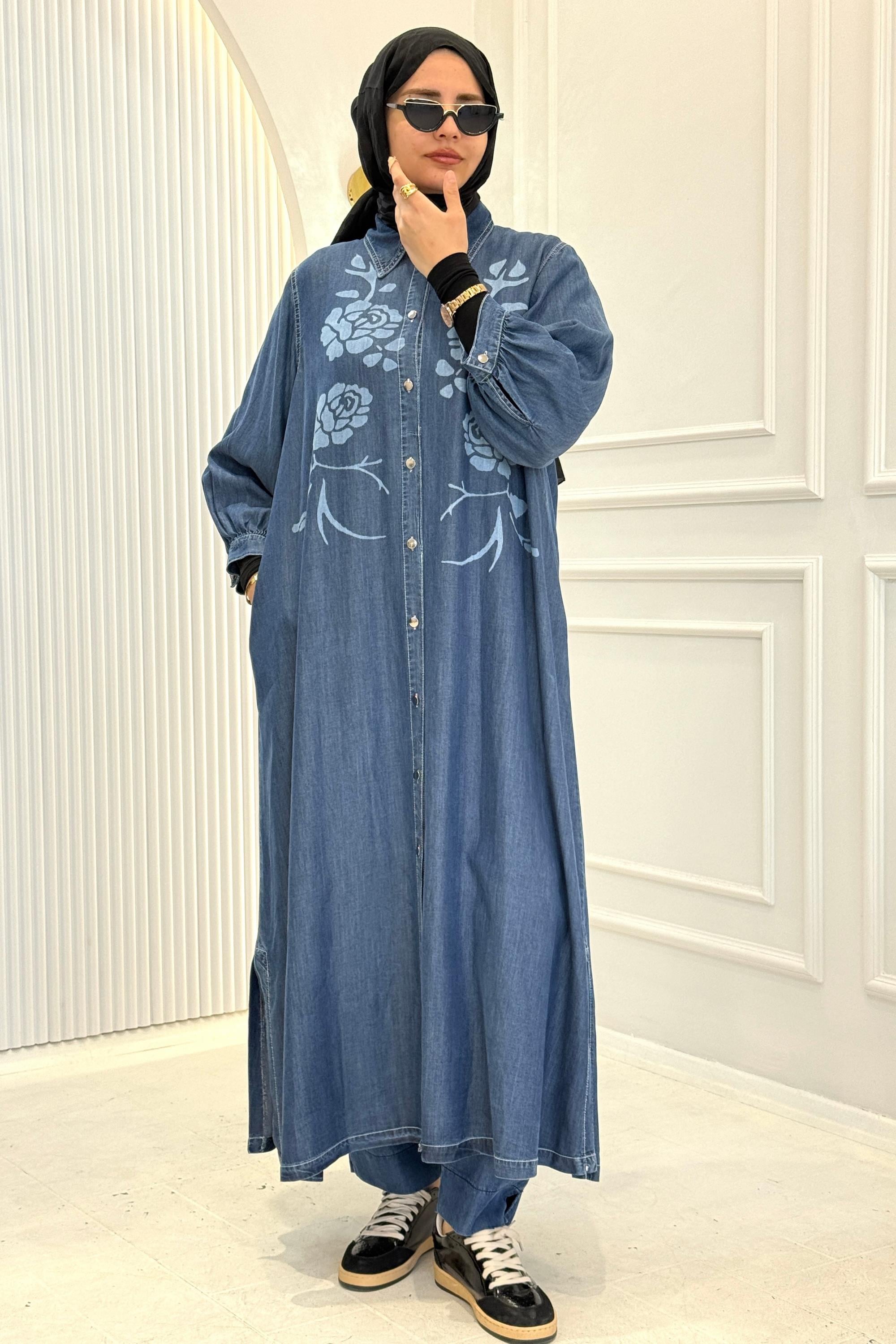 Çiçek Desenli Tensel Kot Uzun Kap&Elbise Mavi OTW8018