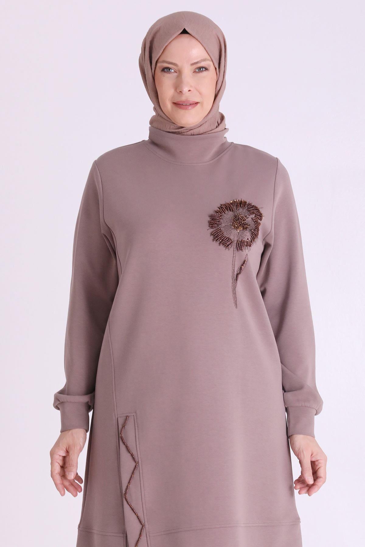 Behrem Çiçek İşlemeli Rahat Kesim Büyük Beden Tunik Kestane OTW20126