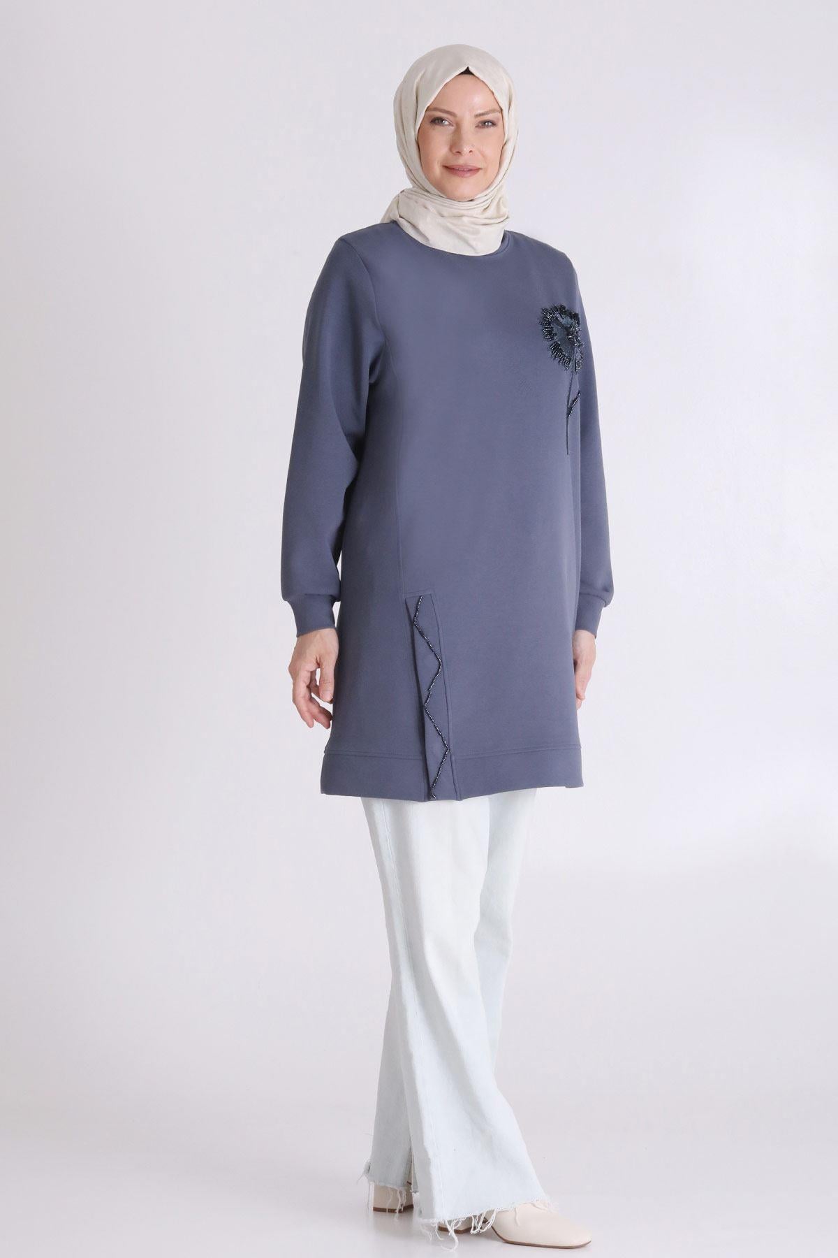 Behrem Çiçek İşlemeli Rahat Kesim Büyük Beden Tunik Duman Mavi OTW20126