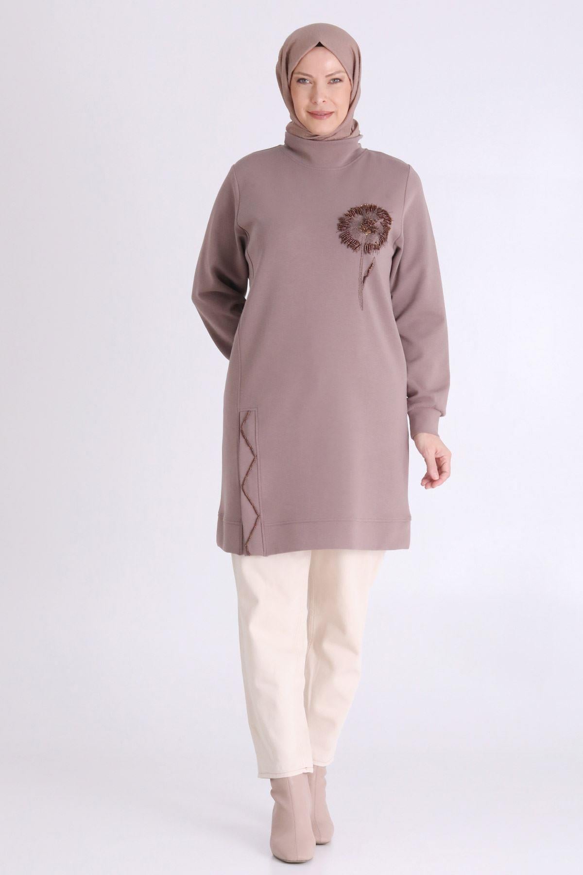 Behrem Çiçek İşlemeli Rahat Kesim Büyük Beden Tunik Kestane OTW20126