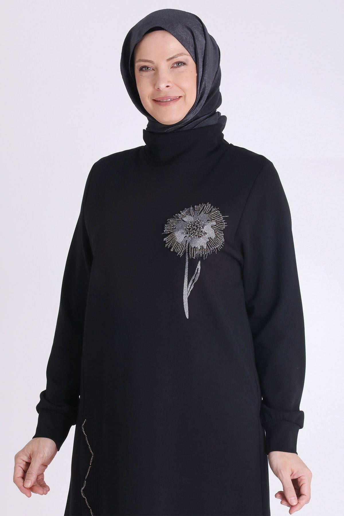 Behrem Çiçek İşlemeli Rahat Kesim Büyük Beden Tunik Siyah OTW20126