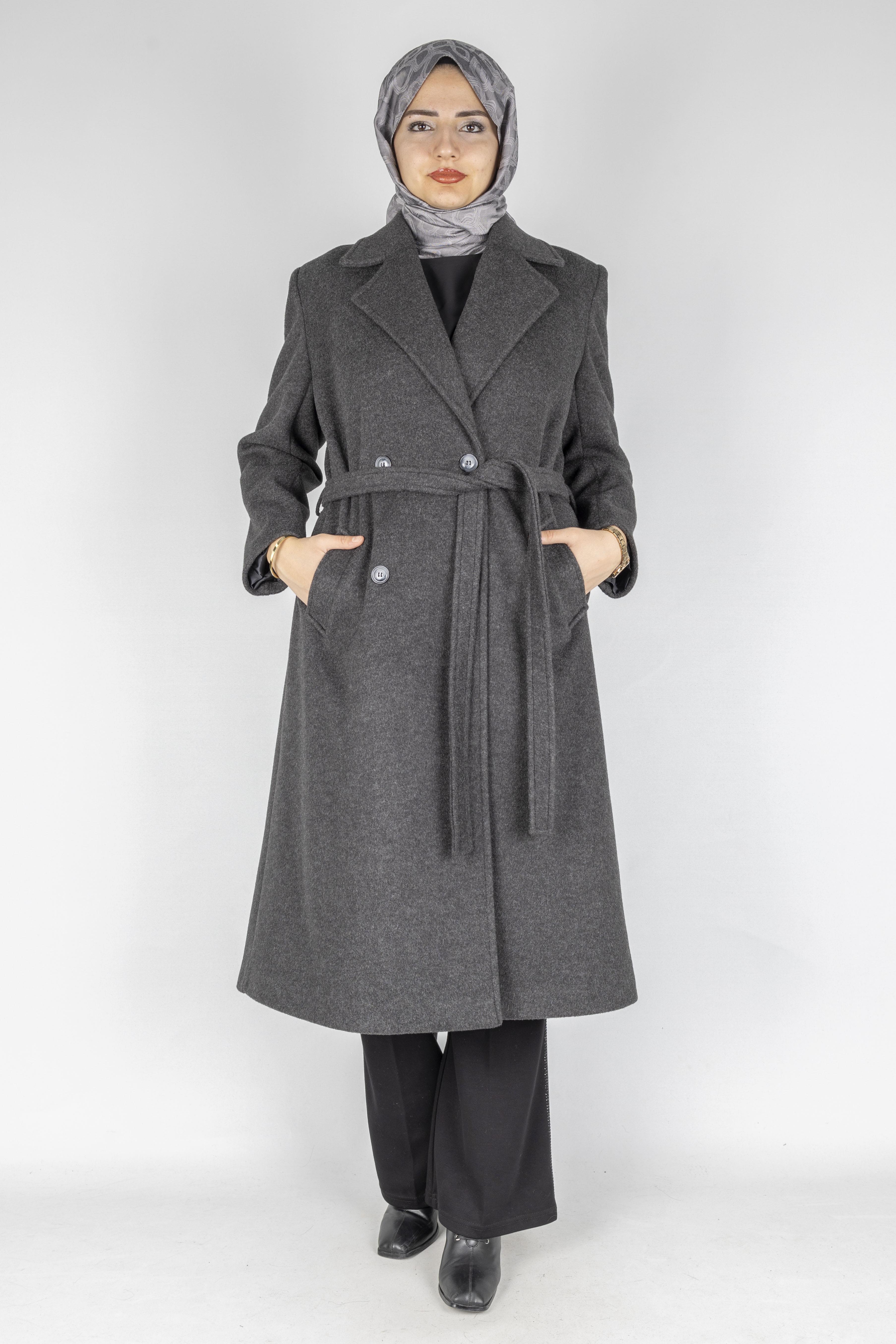 Çift Düğmeli Büyük Beden Kaşe Kaban Antrasit OTW26024