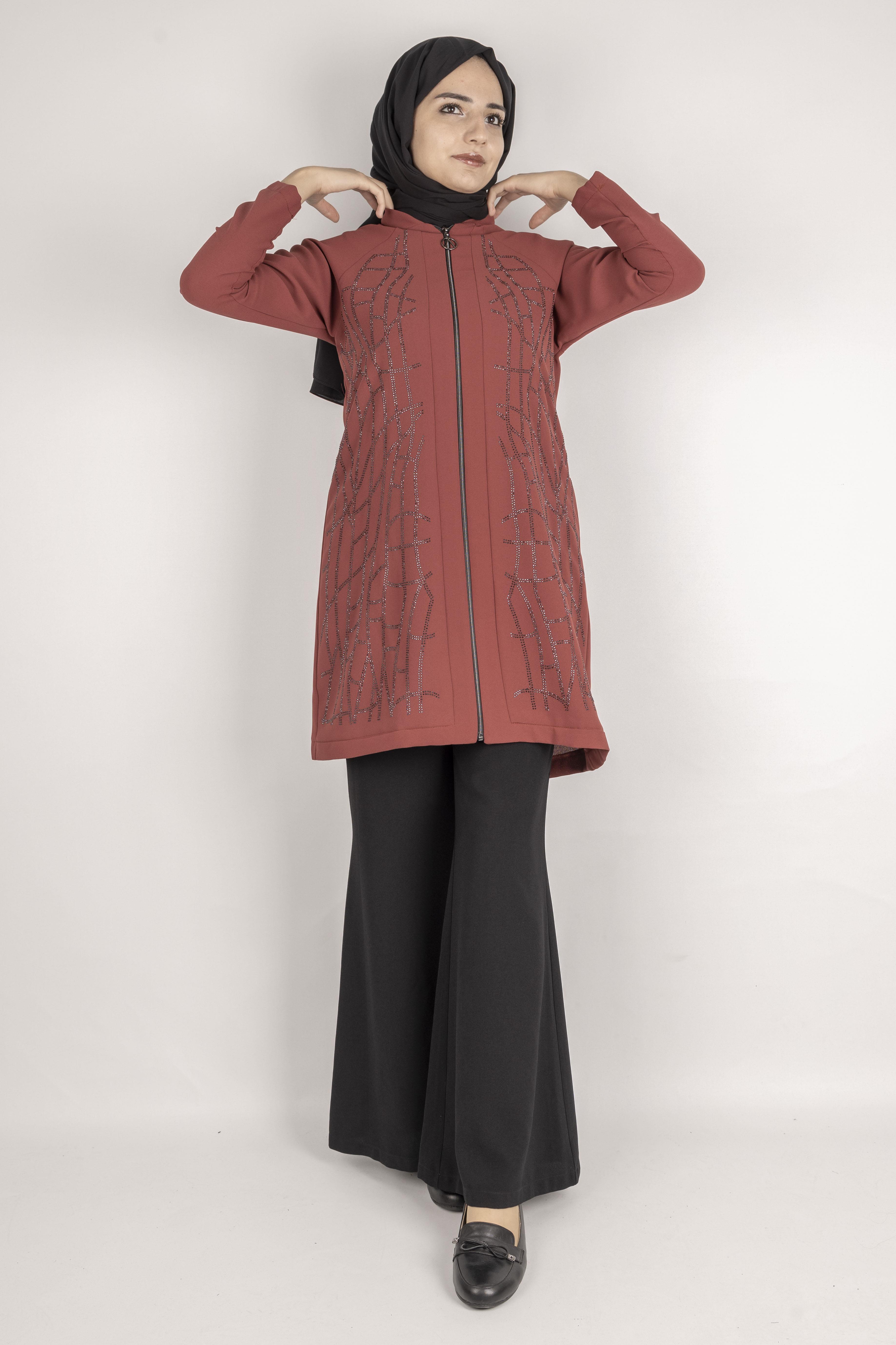 Çizgisel Taş Desenli krep kumaş ceket Taba OTW2160