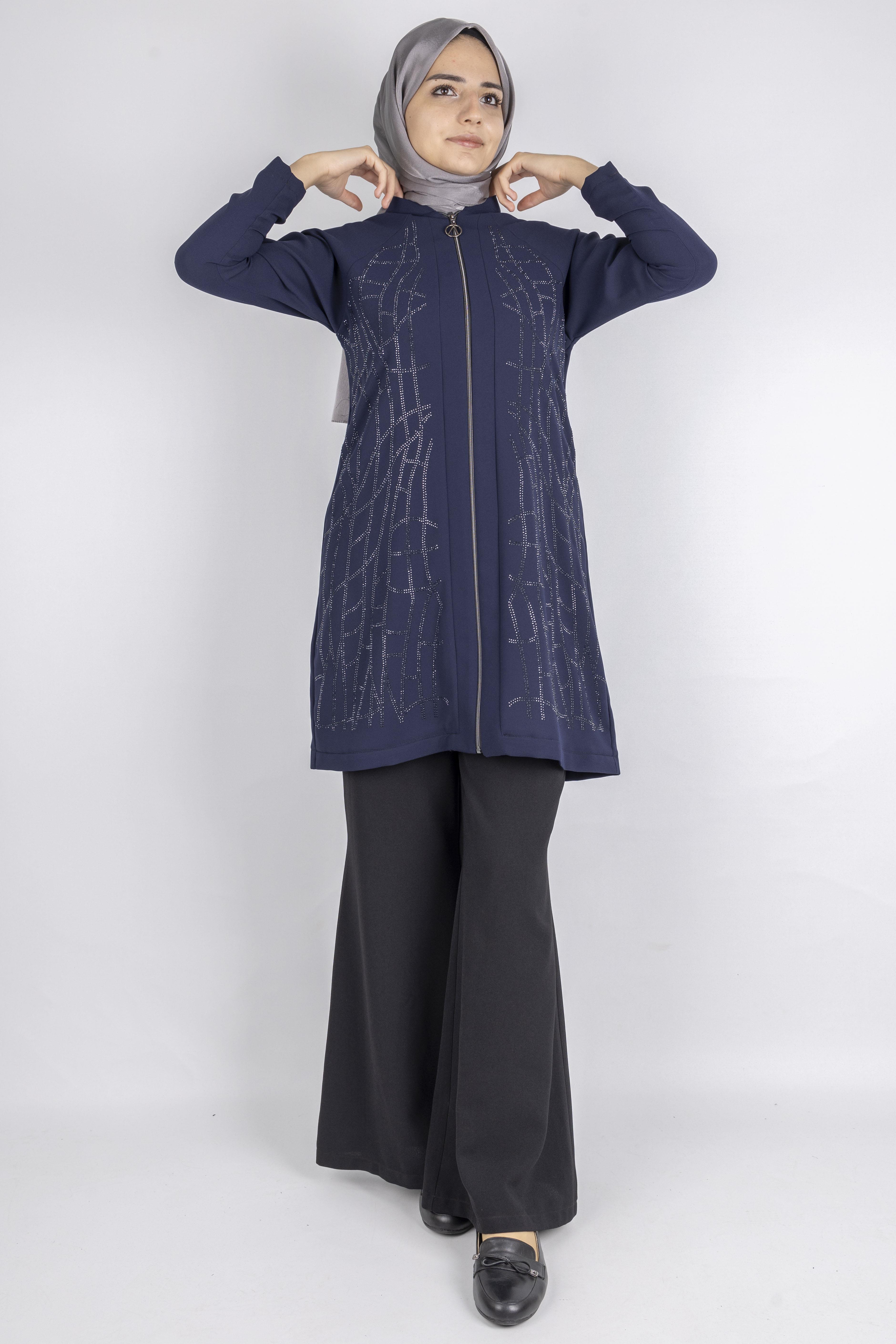 Çizgisel Taş Desenli krep kumaş ceket Lacivert OTW2160