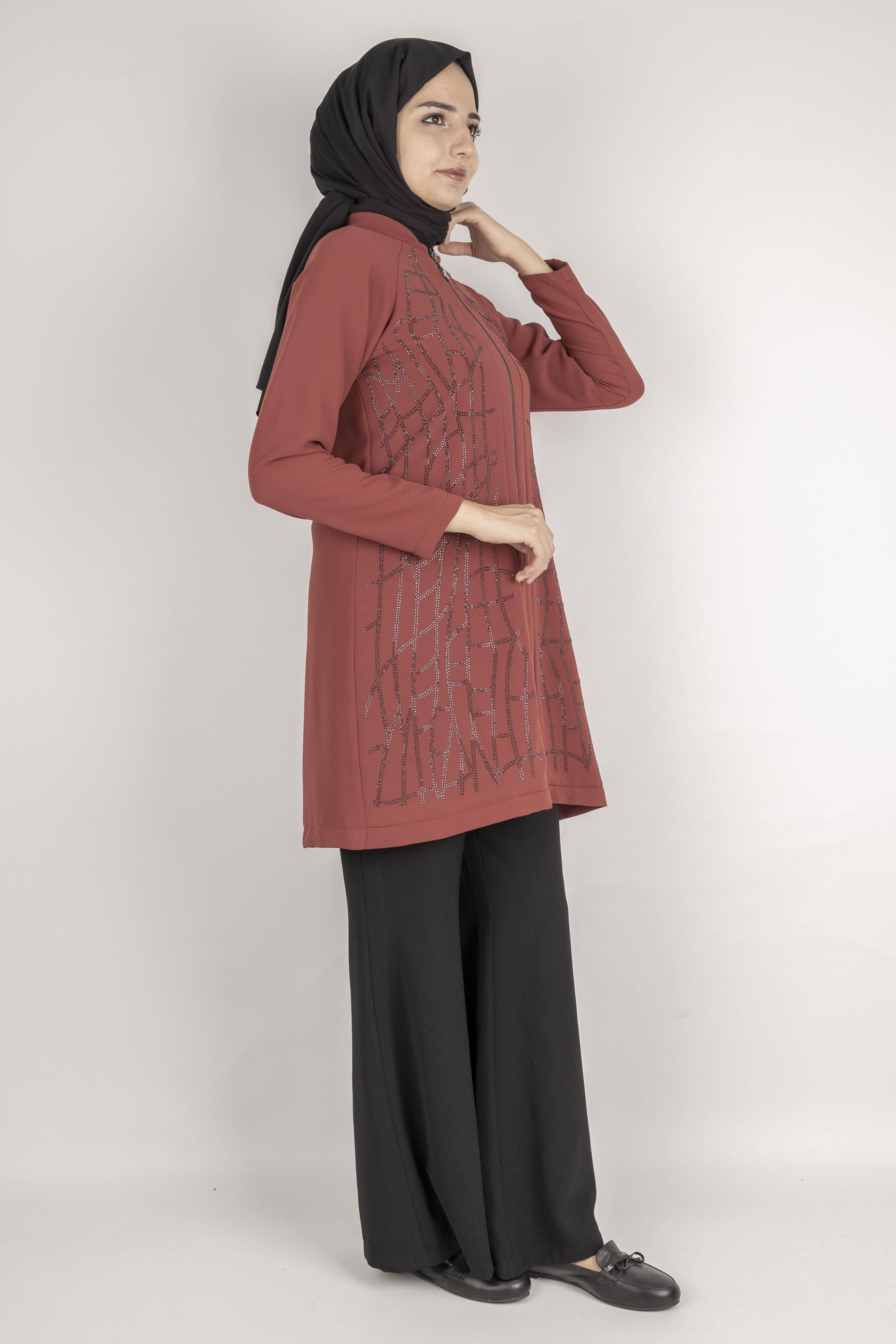 Çizgisel Taş Desenli krep kumaş ceket Taba OTW2160