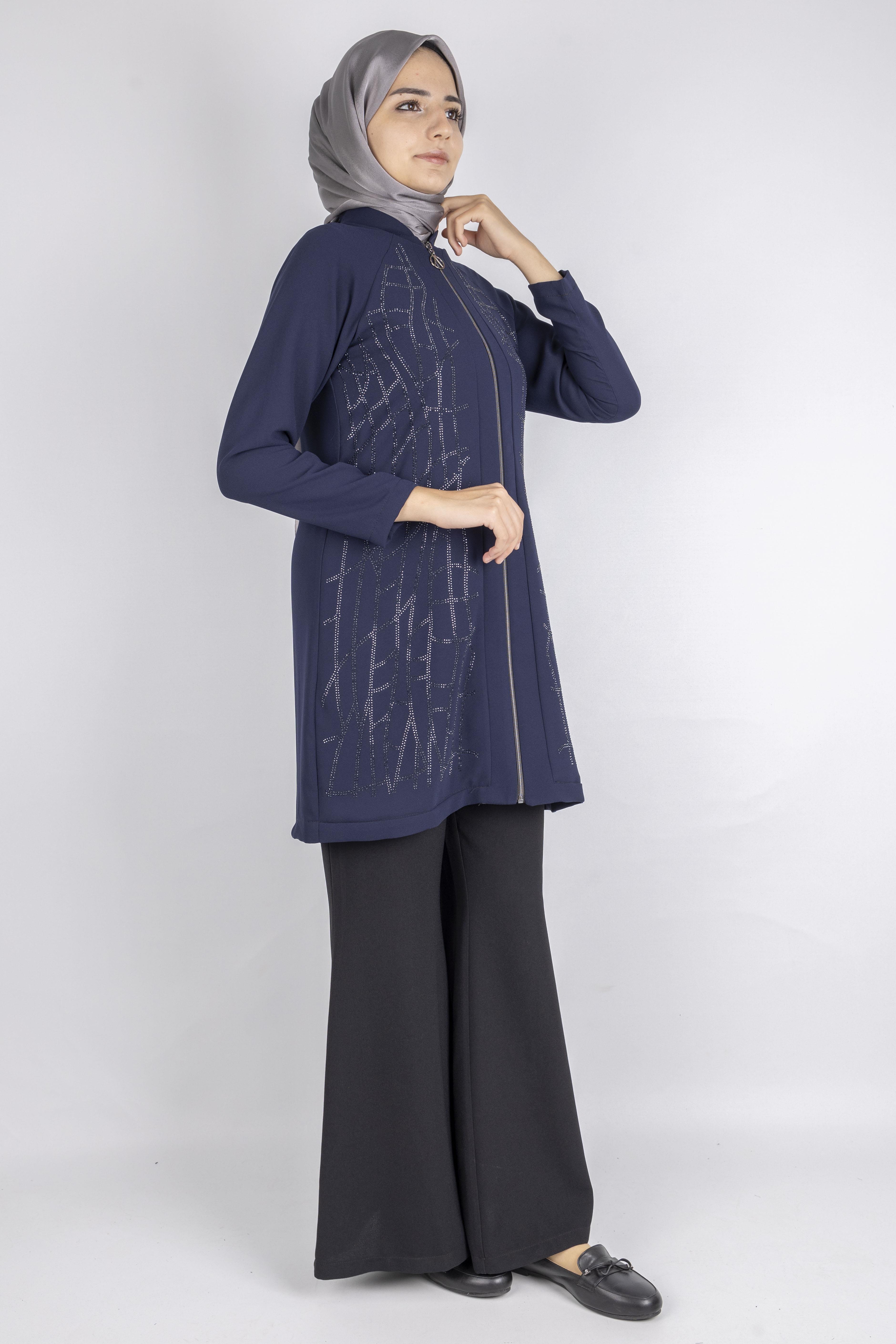 Çizgisel Taş Desenli krep kumaş ceket Lacivert OTW2160