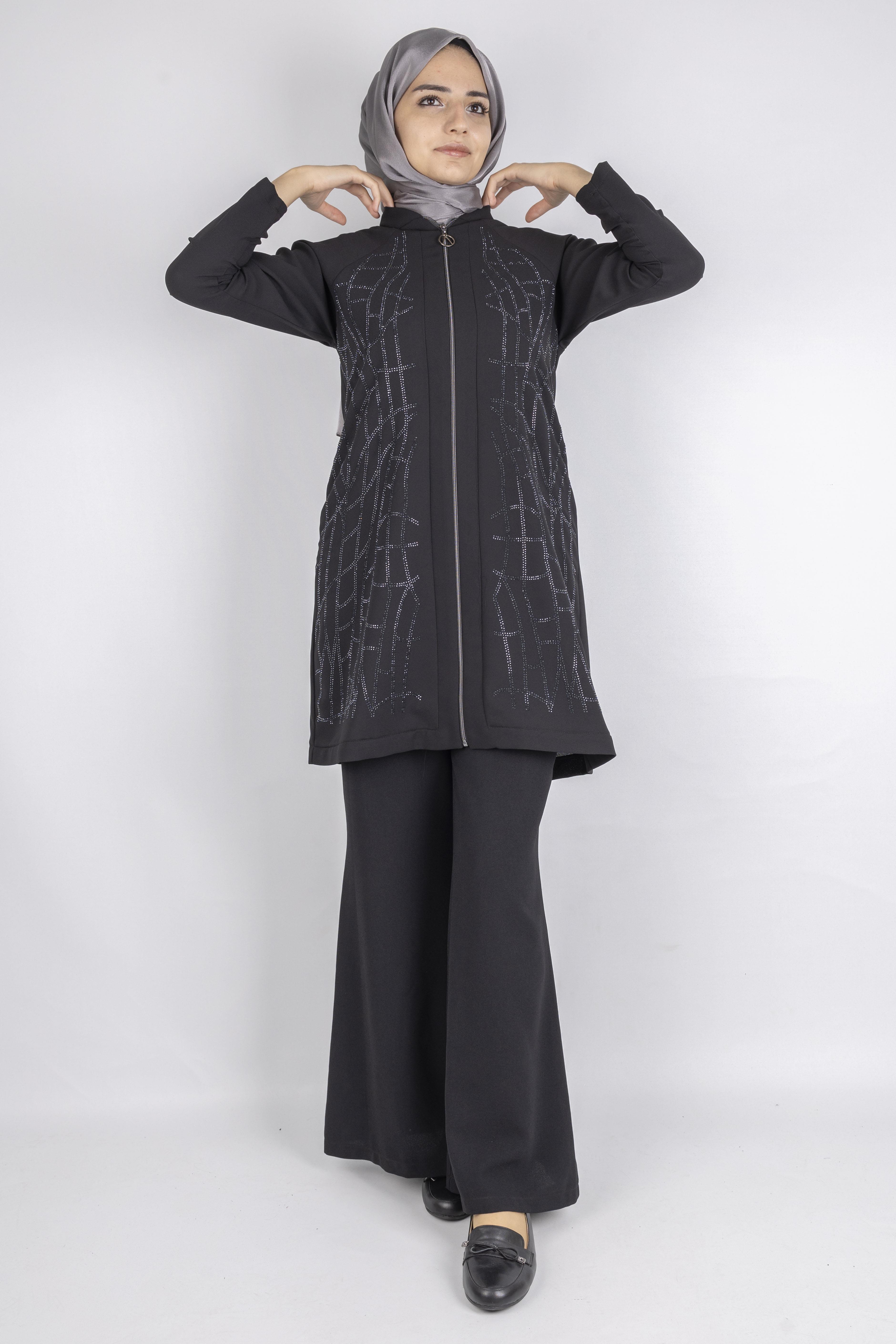 Çizgisel Taş Desenli krep kumaş ceket Siyah OTW2160