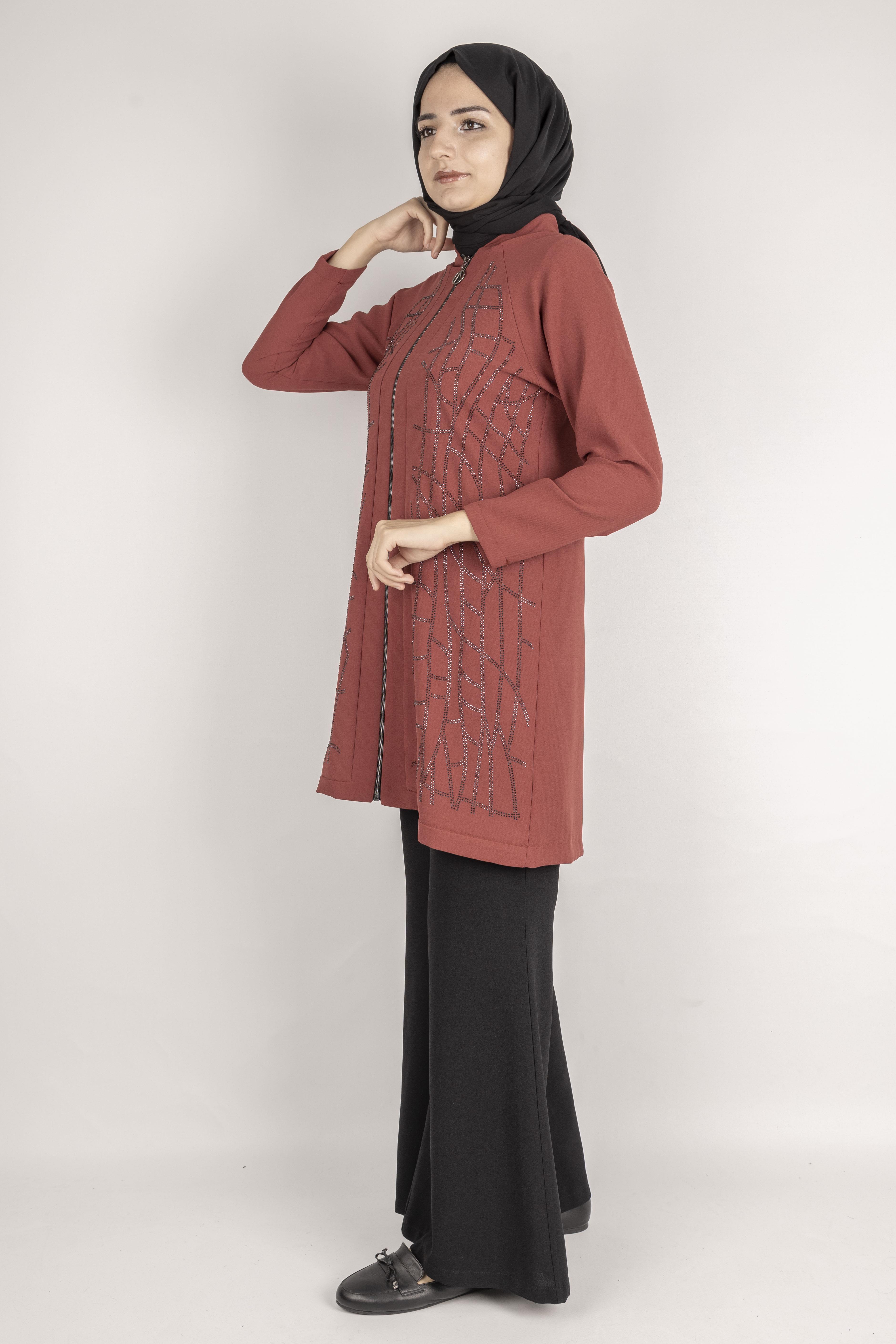 Çizgisel Taş Desenli krep kumaş ceket Taba OTW2160