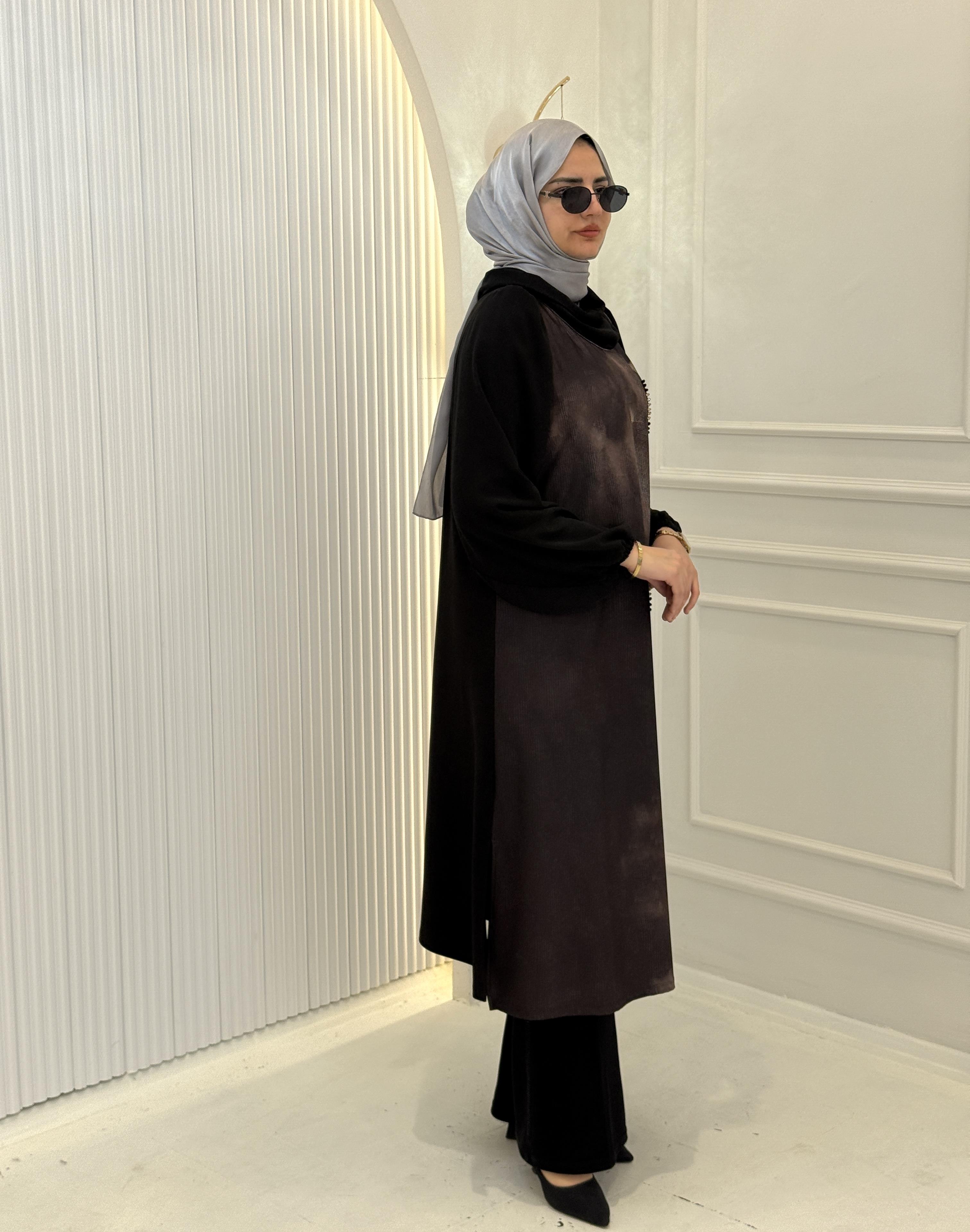 Daire Desenli Büyük Beden Tesettür Tunik Kahve OTW1032