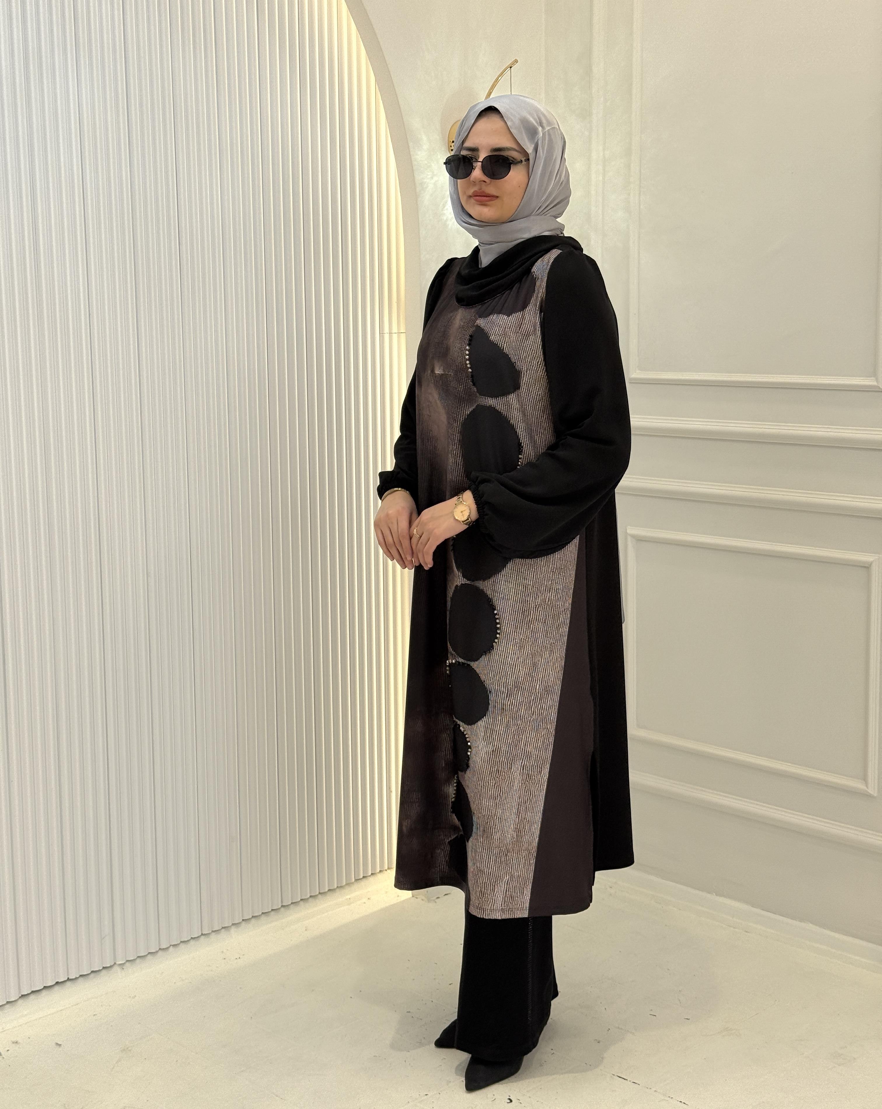 Daire Desenli Büyük Beden Tesettür Tunik Kahve OTW1032