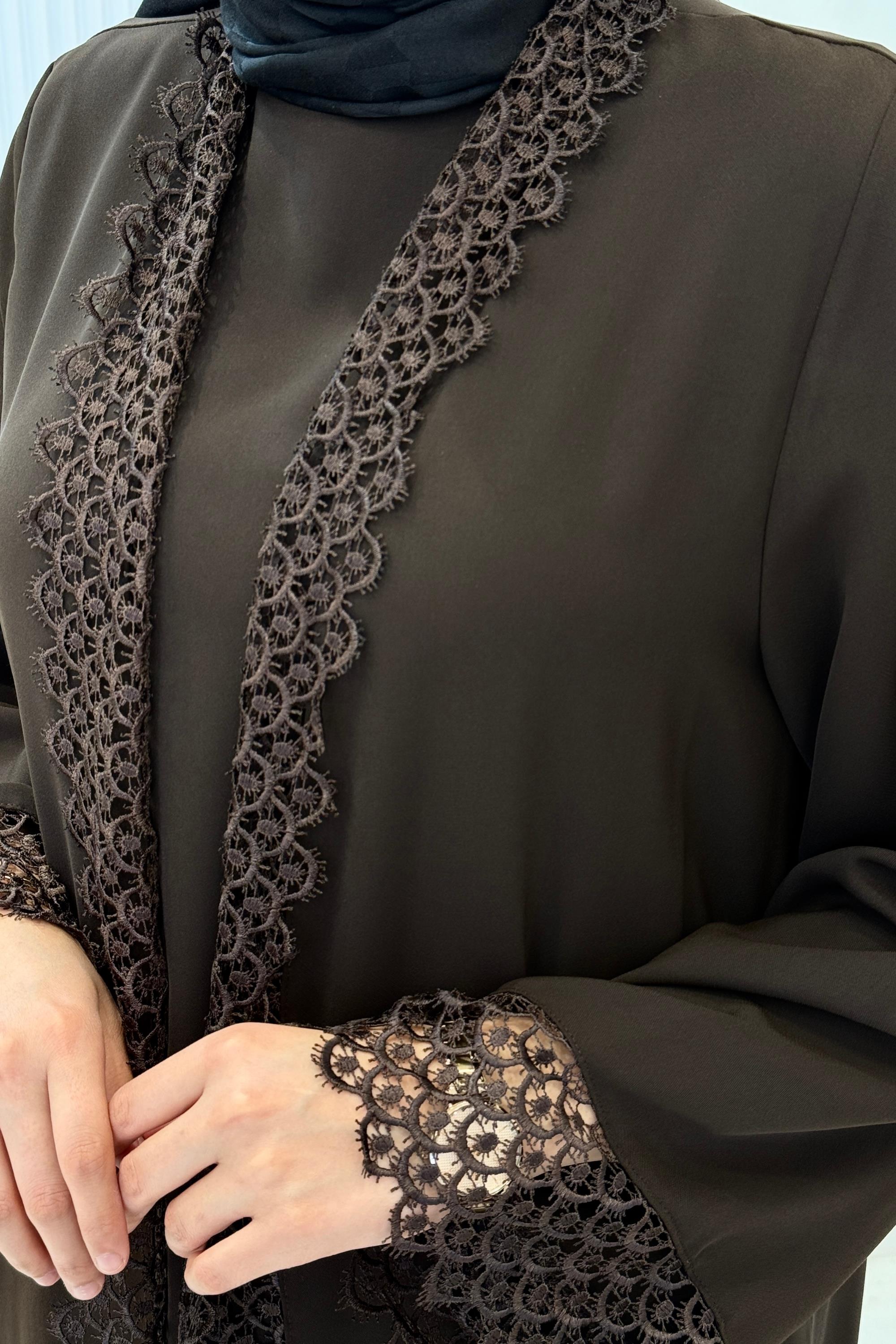Dantel Detaylı Abaya Takım Kahve OTW8635