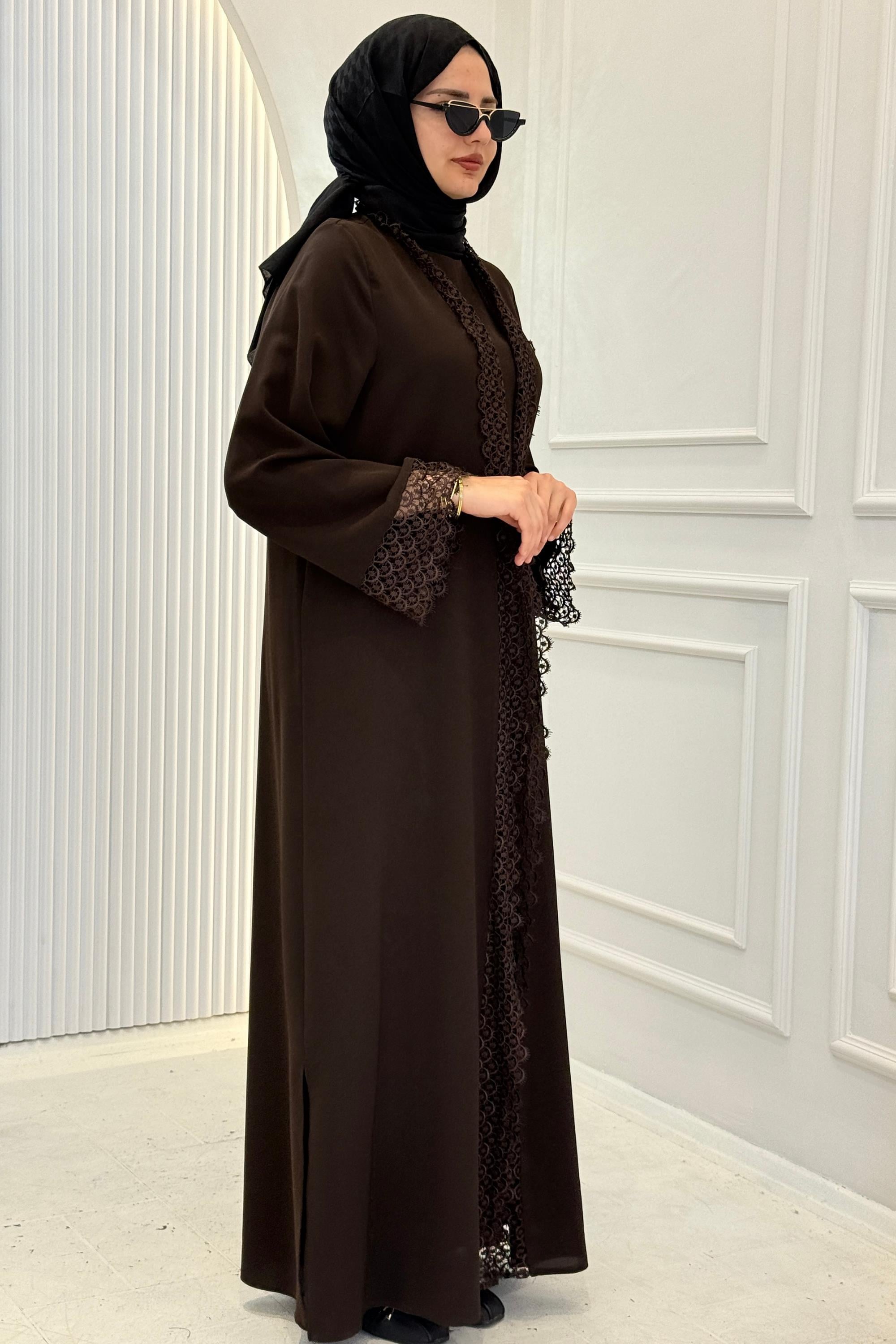 Dantel Detaylı Abaya Takım Kahve OTW8635