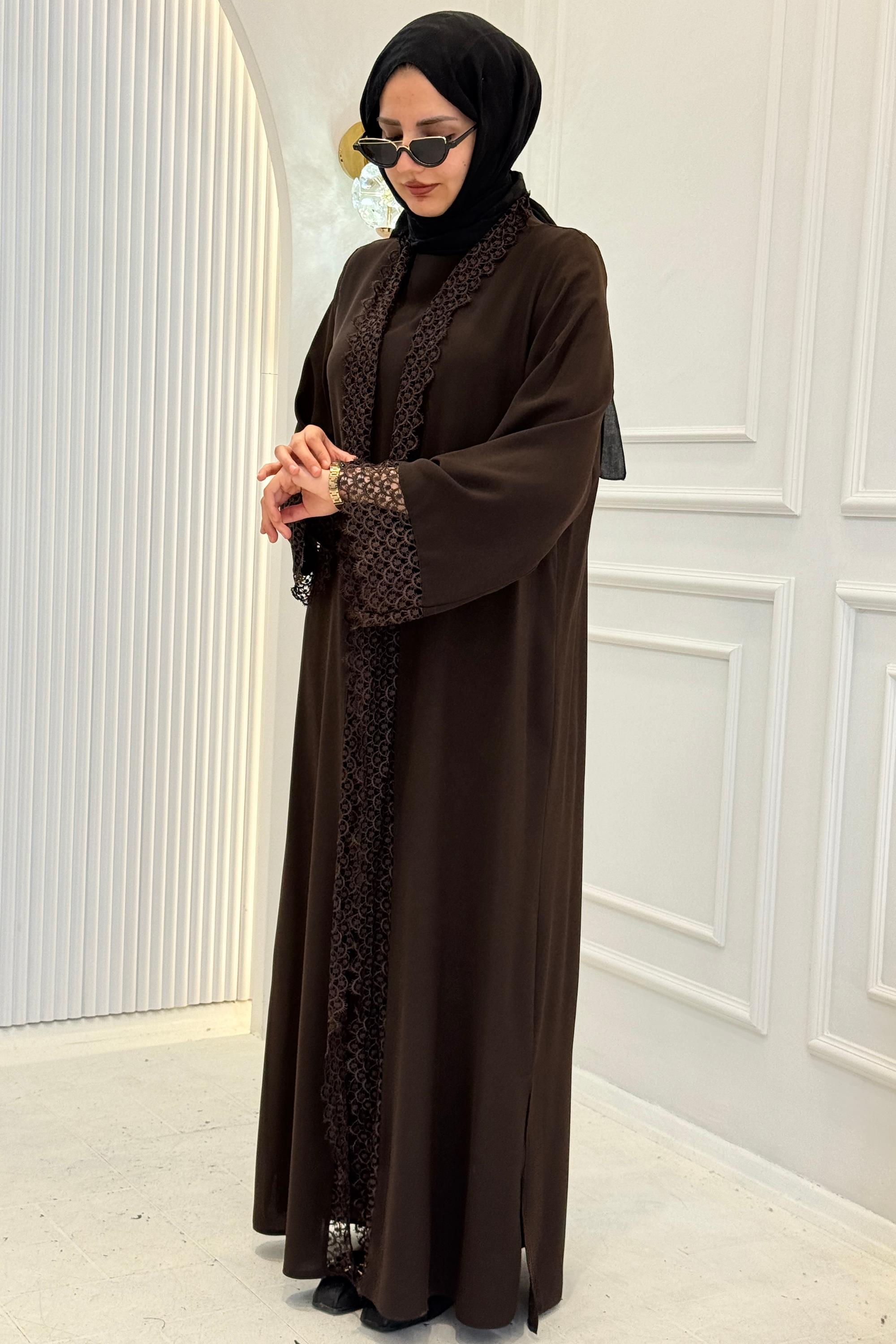 Dantel Detaylı Abaya Takım Kahve OTW8635