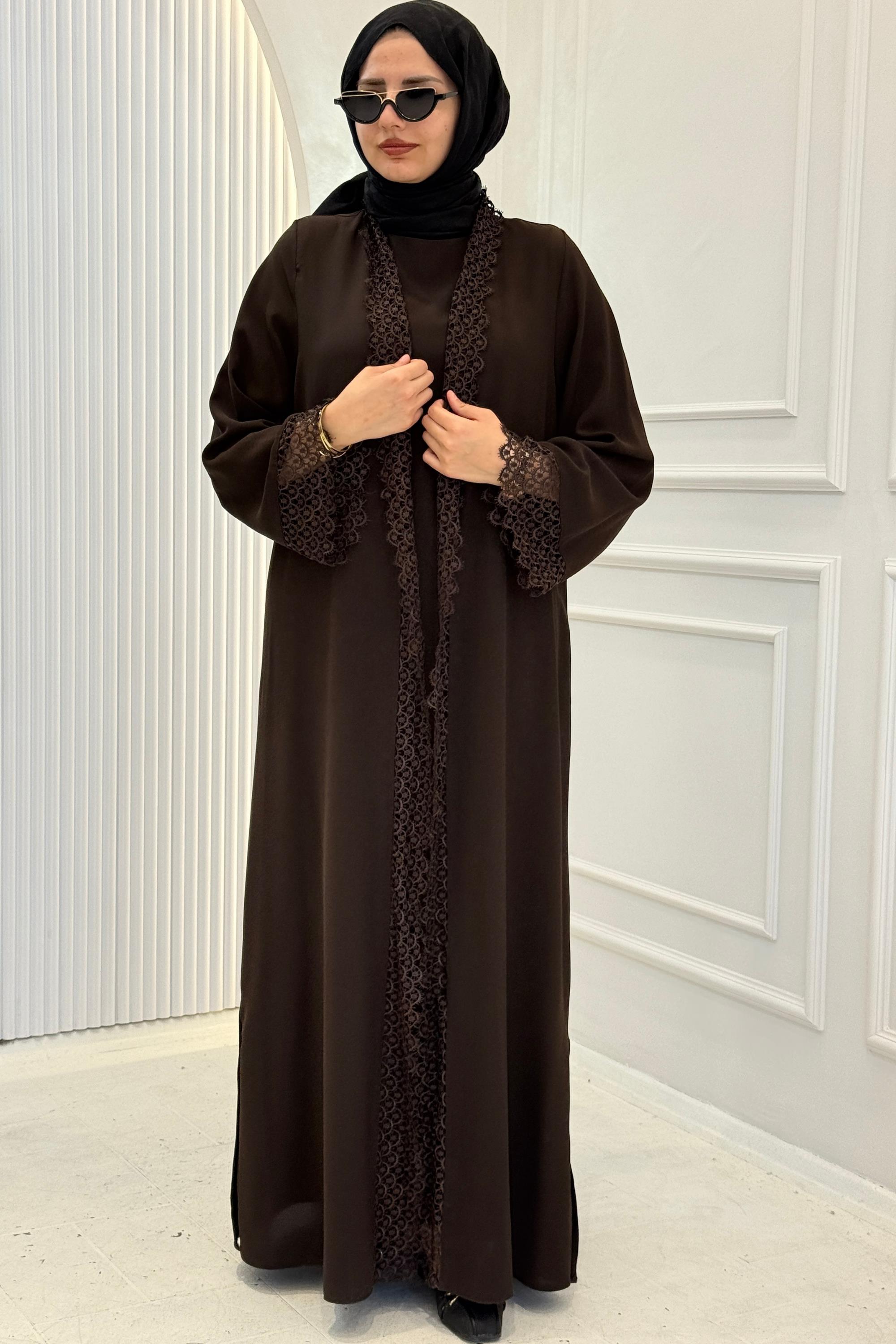 Dantel Detaylı Abaya Takım Kahve OTW8635