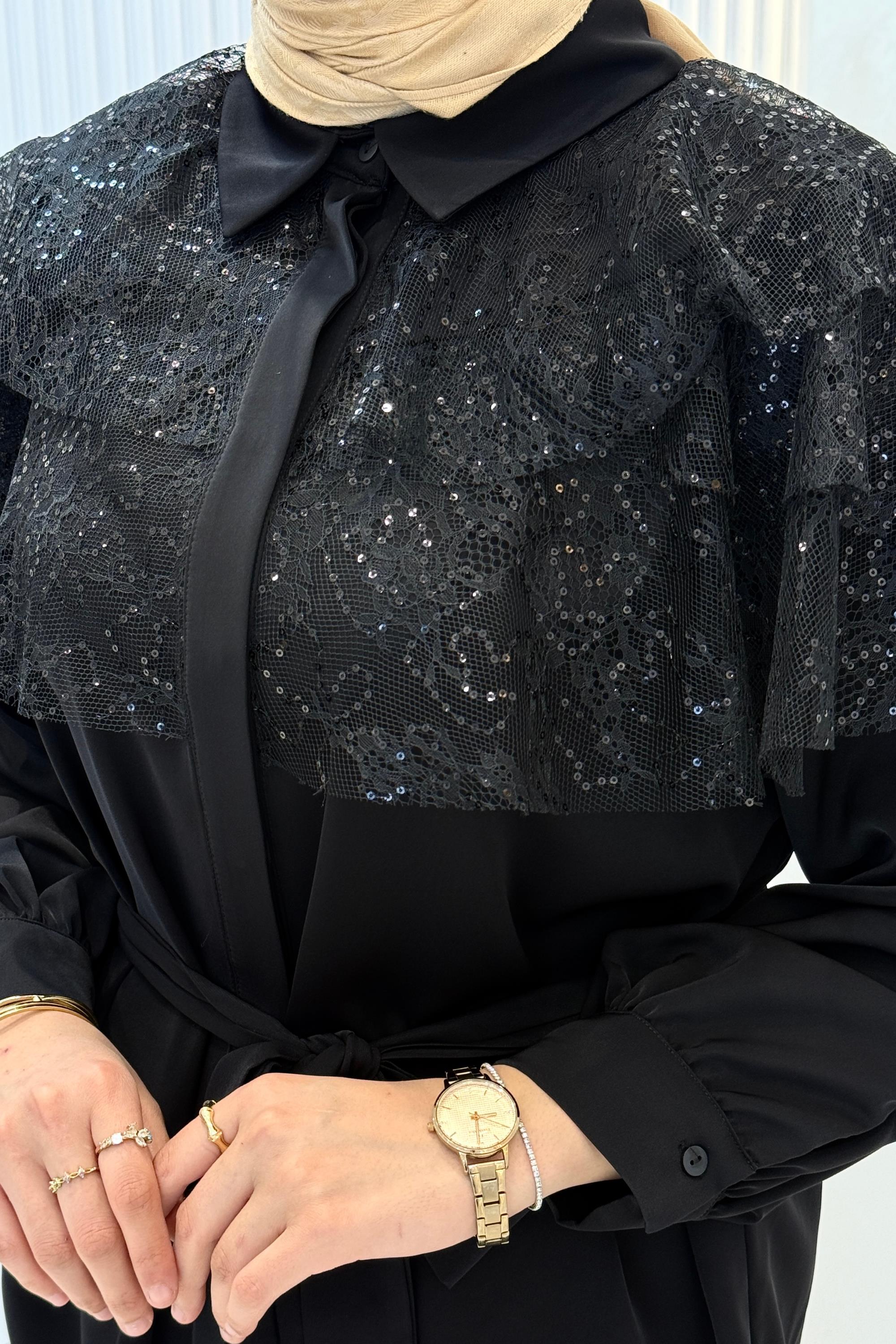 Dantel Payet Detaylı Kemerli Tesettür Takım Siyah OTW8627