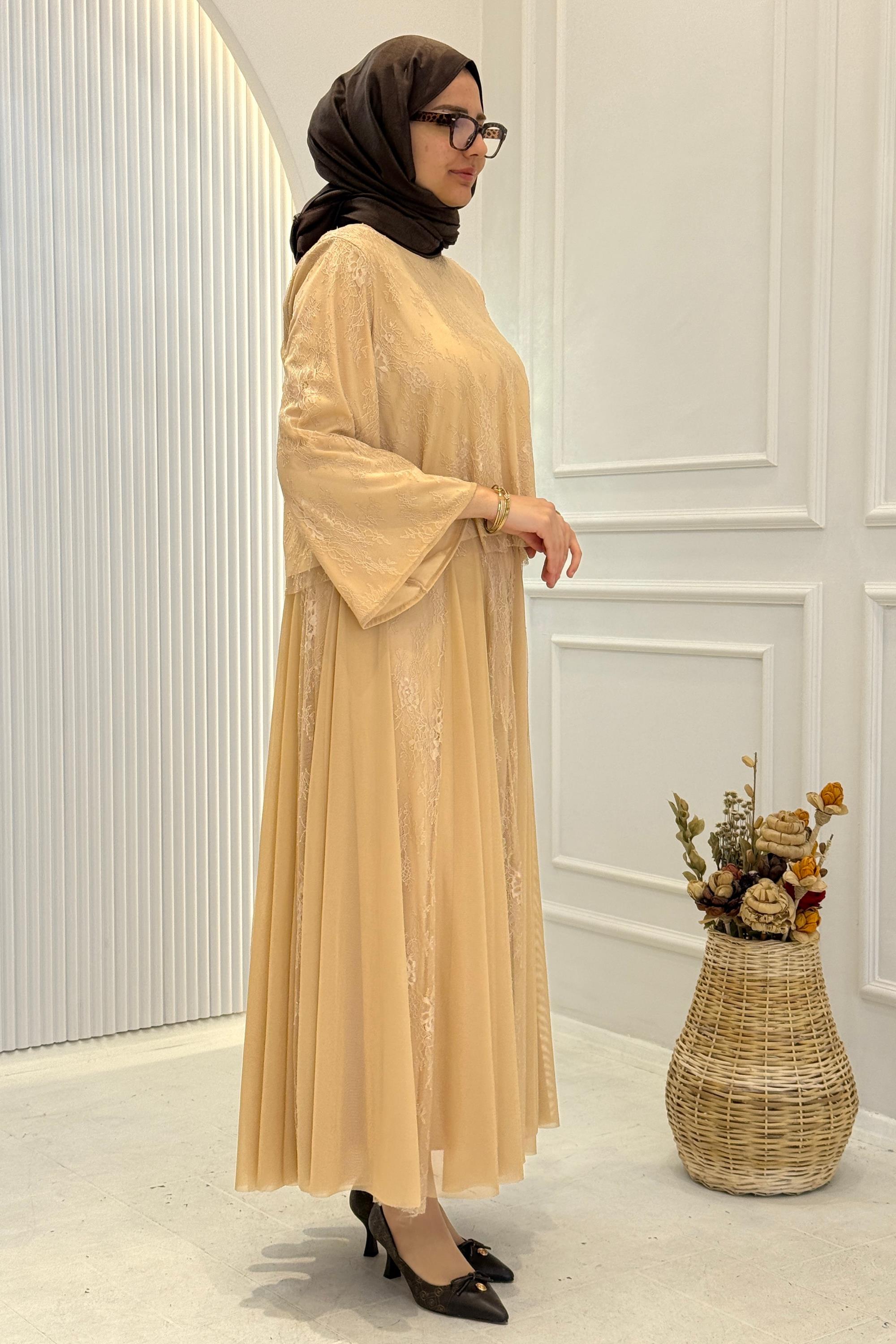 Dantelli Şifon Etekli Tesettür Takım Bej OTW8624