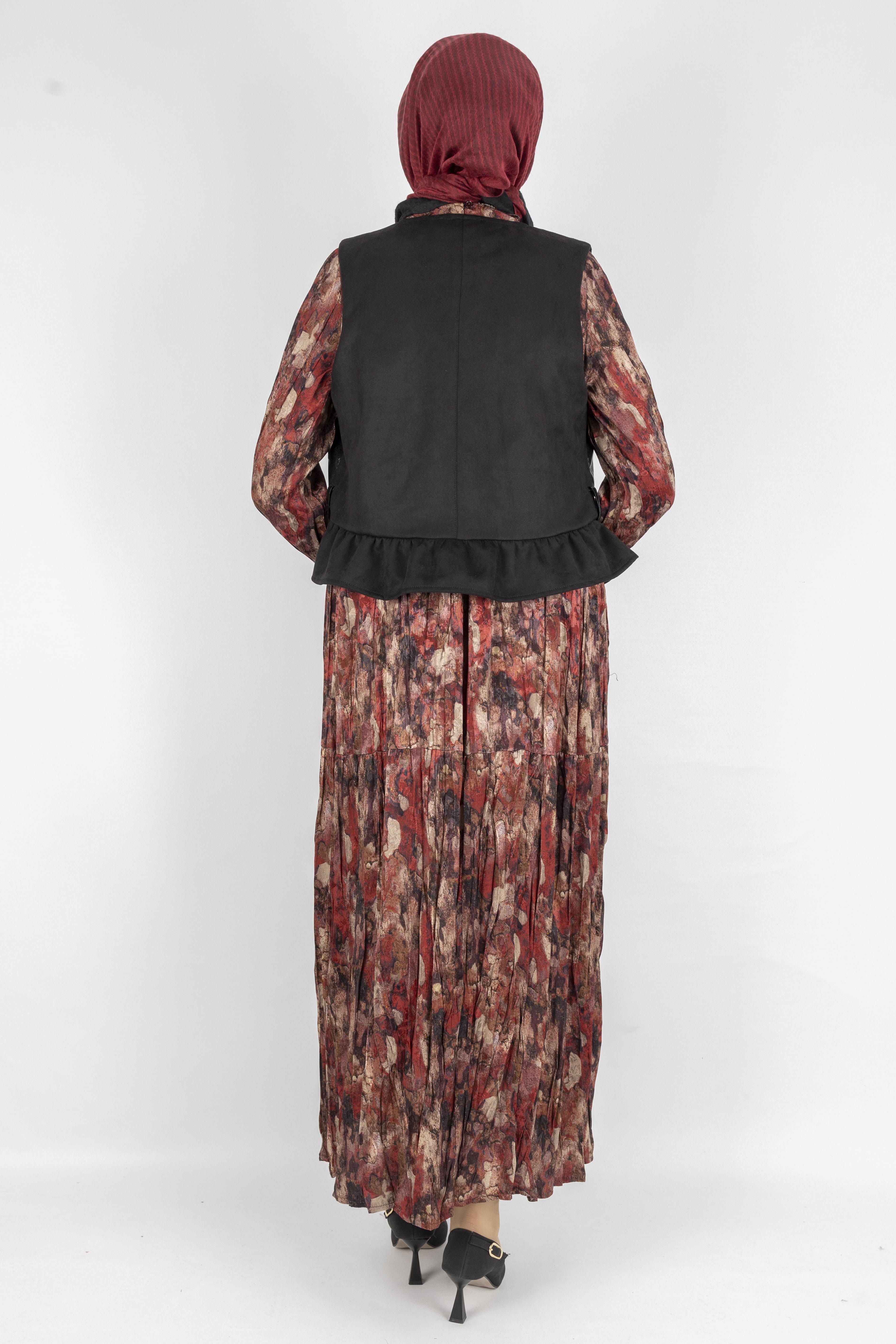 Deri Garnili Yelekli Modern Tasarım Elbise Kırmızı OTW6091