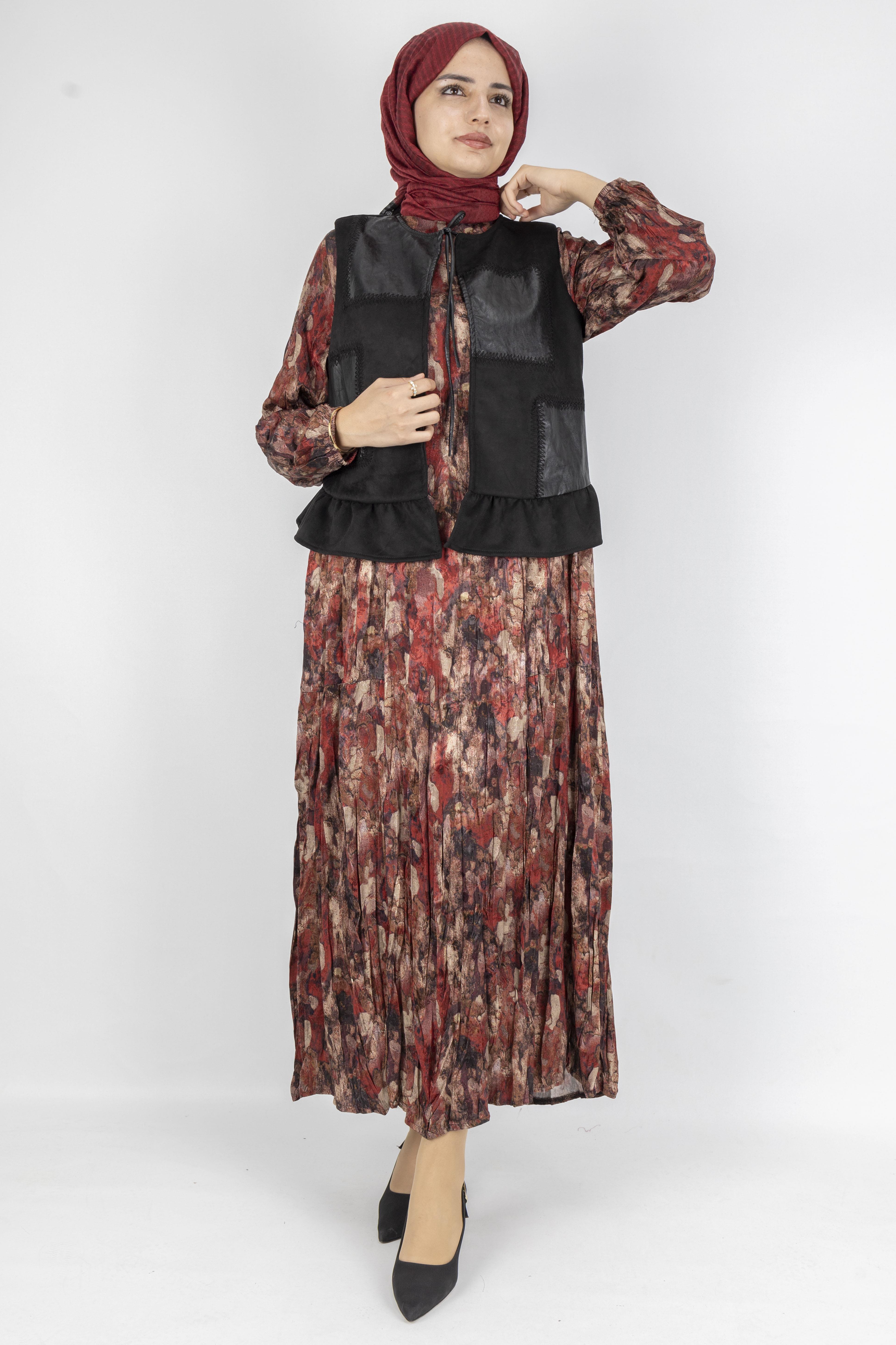 Deri Garnili Yelekli Modern Tasarım Elbise Kırmızı OTW6091