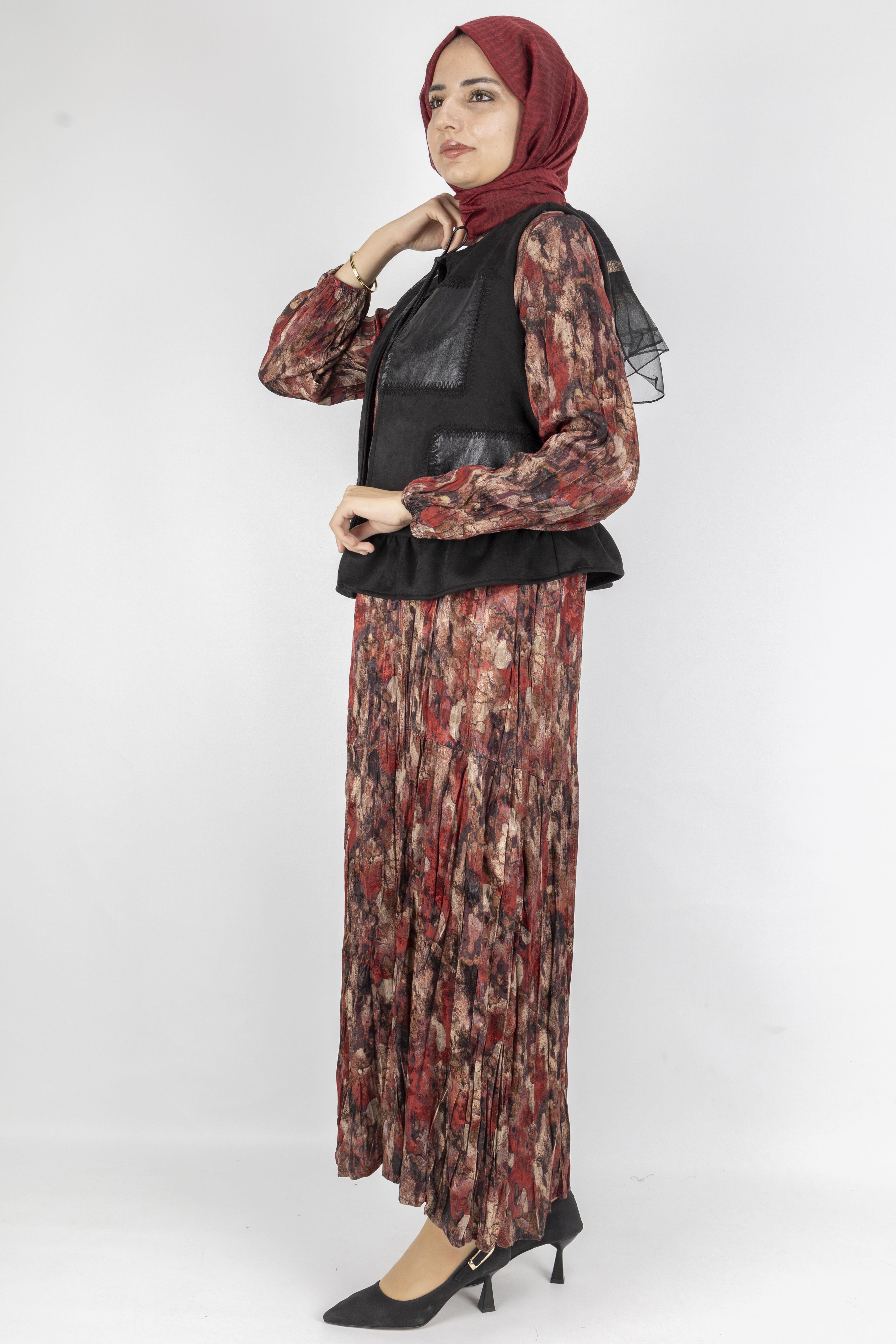 Deri Garnili Yelekli Modern Tasarım Elbise Kırmızı OTW6091