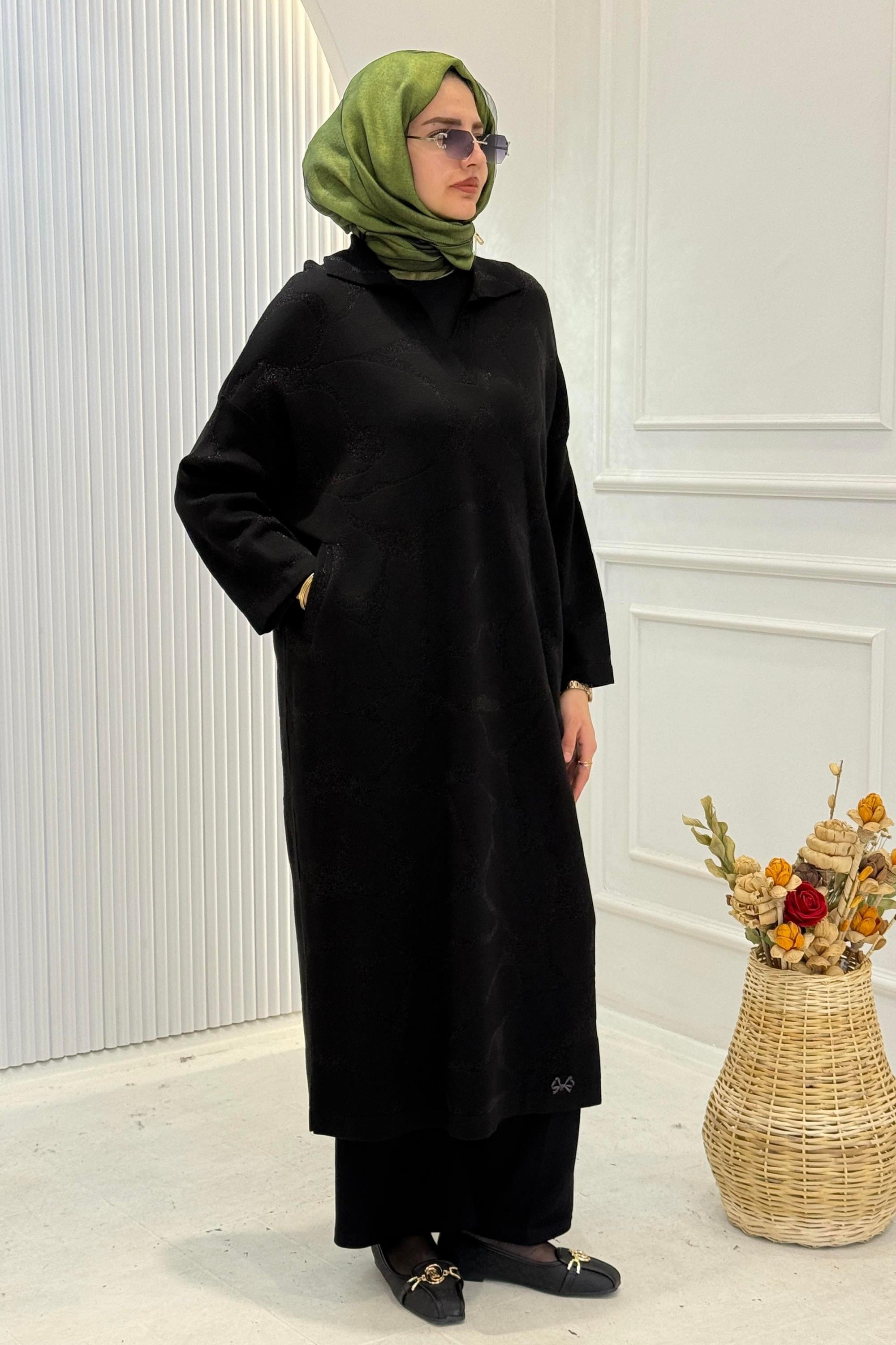 Desenli Çelik Örme Büyük Beden Elbise & Tunik Siyah OTW14205