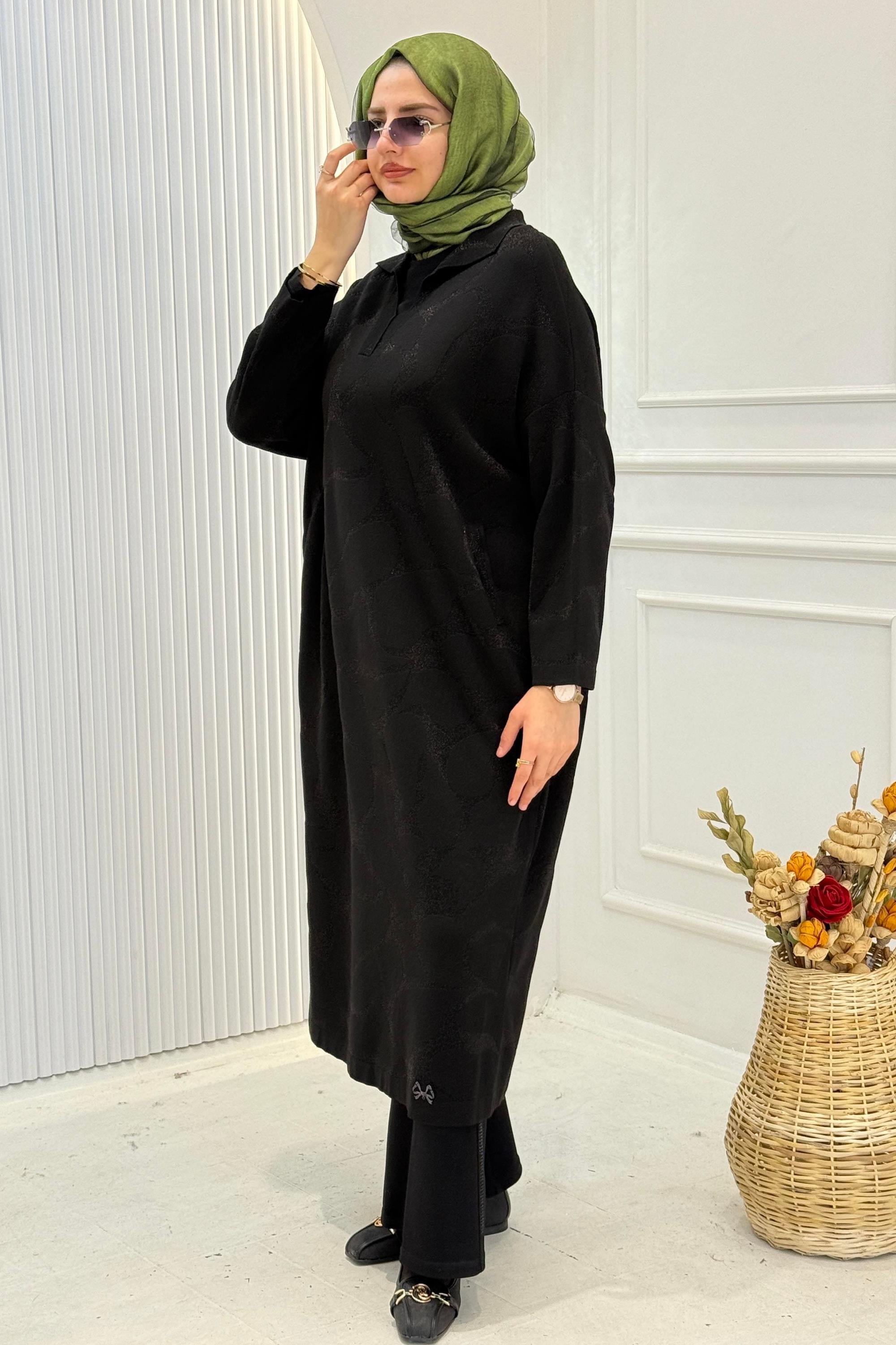 Desenli Çelik Örme Büyük Beden Elbise & Tunik Siyah OTW14205